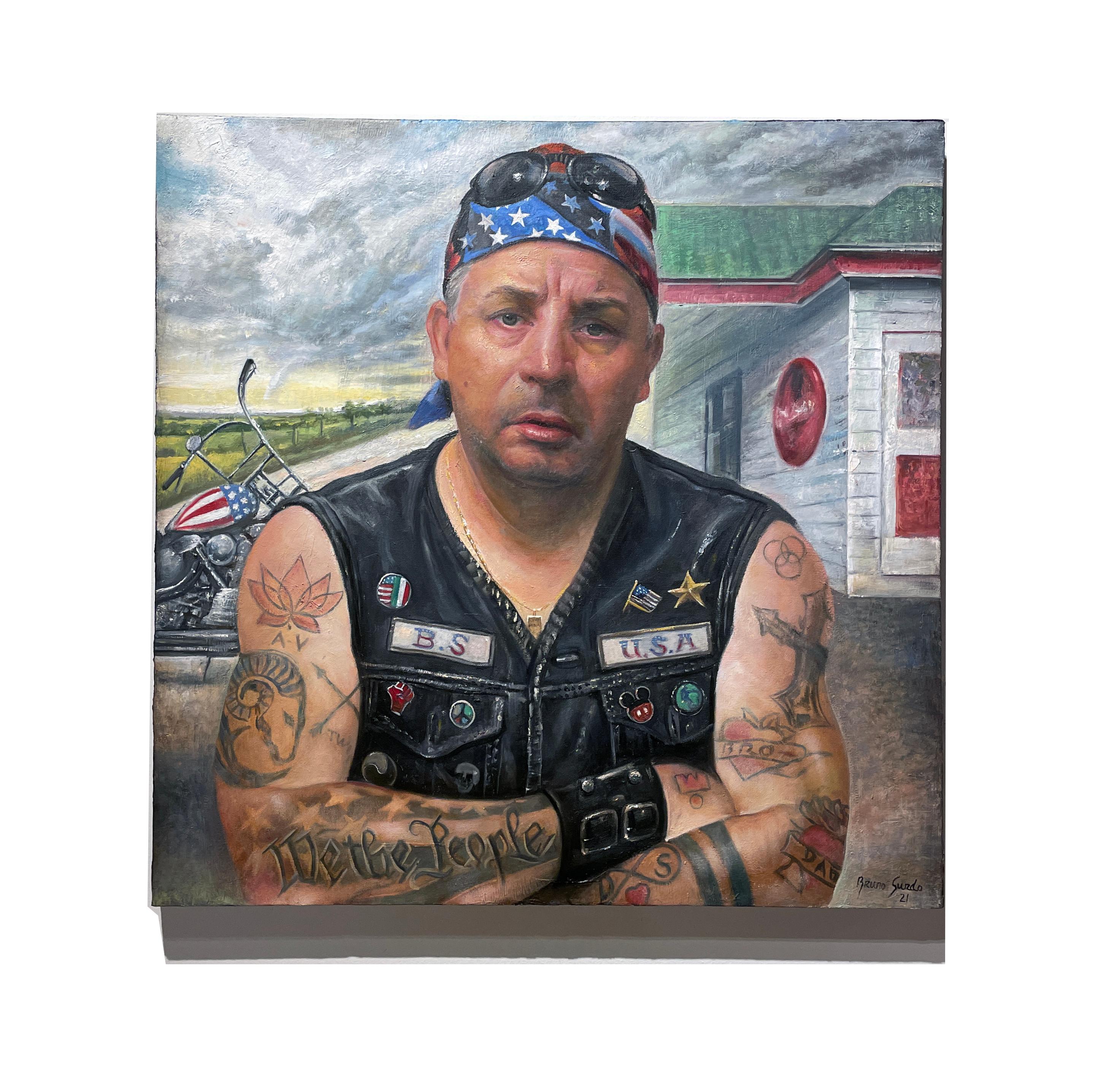 S'agit-il d'une tempête ? - Portrait d'un motard tatoué, huile sur toile originale - Marron Portrait Painting par Bruno Surdo