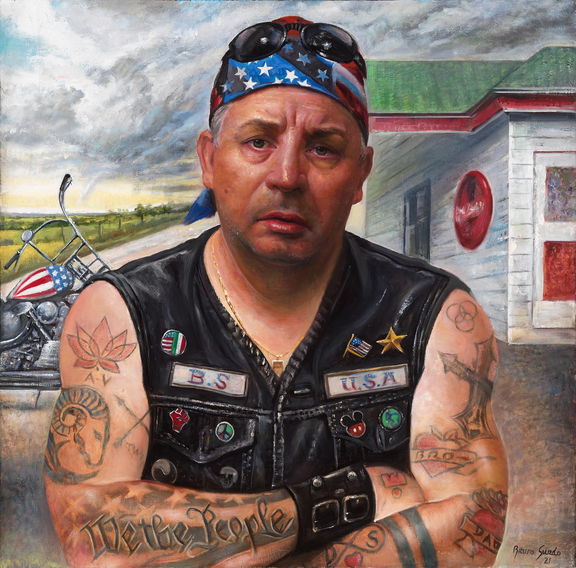 Bruno Surdo Portrait Painting - Is A Storm Coming? - Portrait of a Tattooed Biker, Original Oil on Canvas