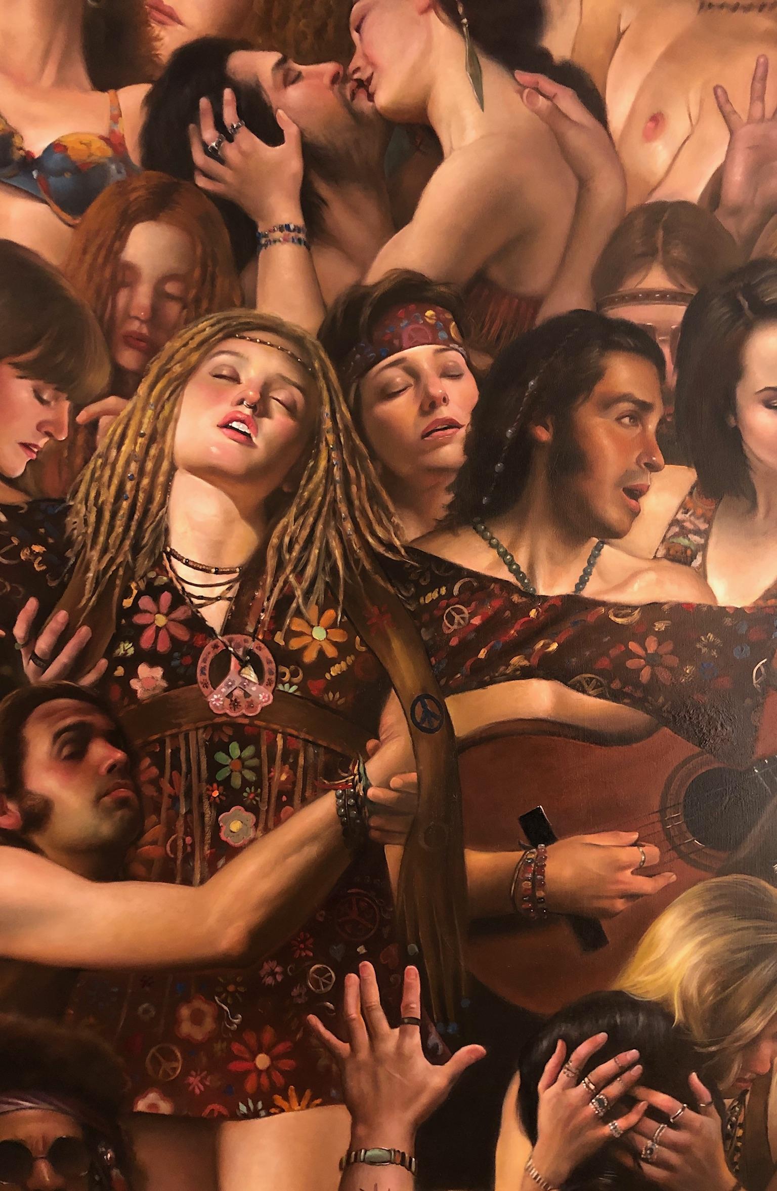 This large and captivating painting is filled with people dressed in Summer of Love era clothing.  With ecstatic expressions on their faces, the people are squished into a close grouping, but seem to be lost in their own worlds.  Singing, Hugging,
