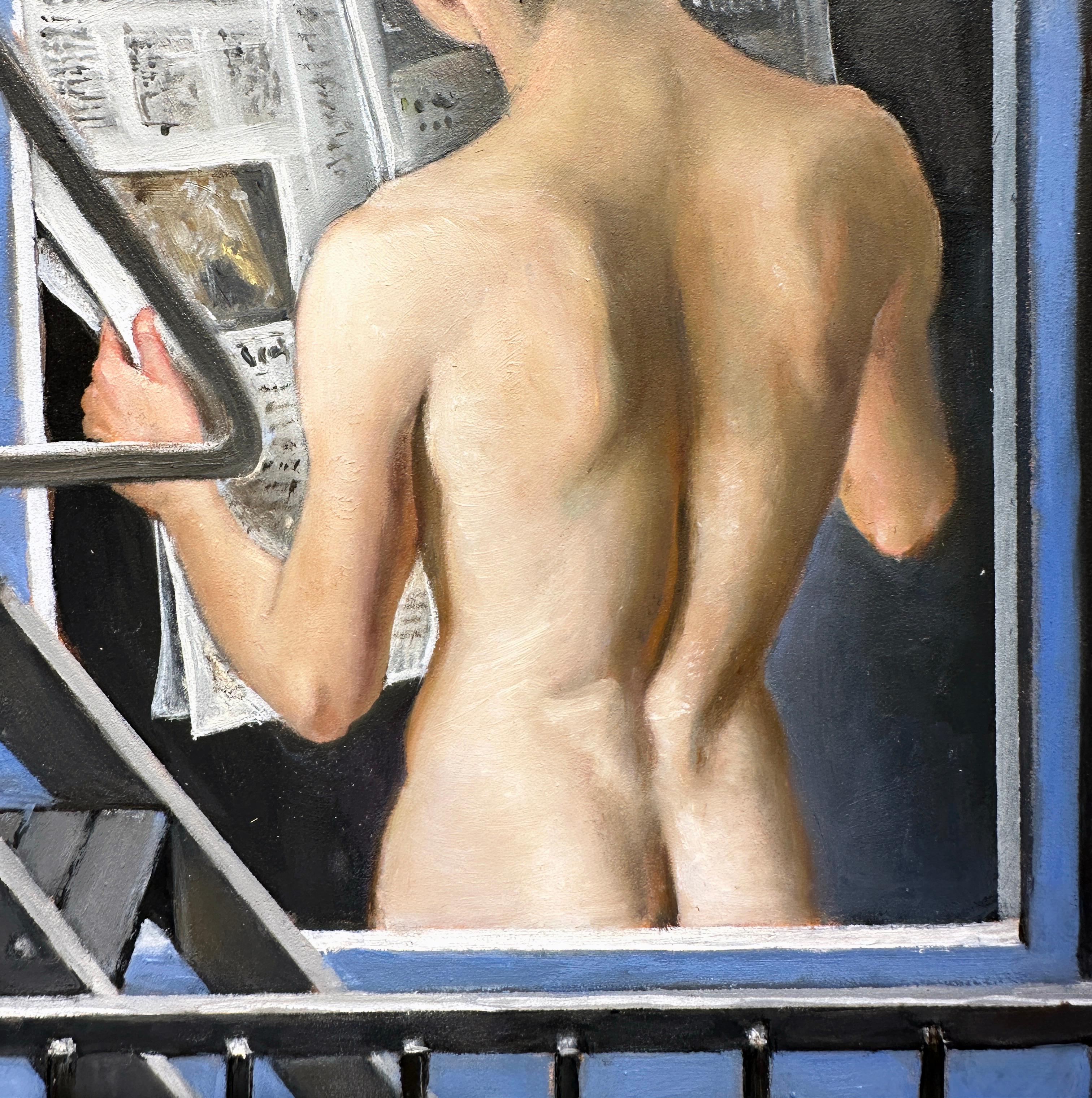 Morning News - Voyeuristic View of Nude männlicher Torso Through the Fire Escape  – Painting von Bruno Surdo