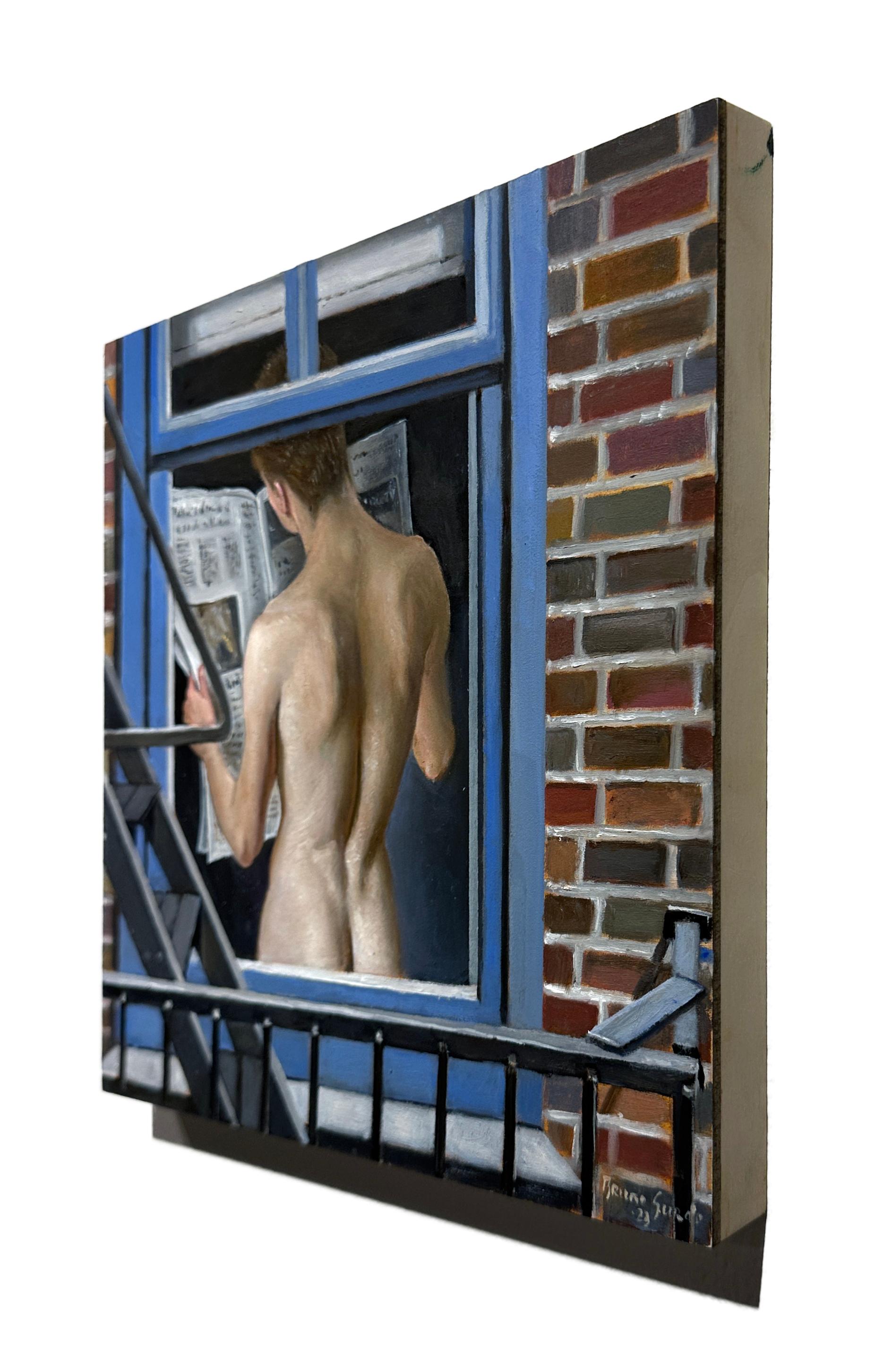 Morning News - Voyeuristic View of Nude männlicher Torso Through the Fire Escape  (Zeitgenössisch), Painting, von Bruno Surdo