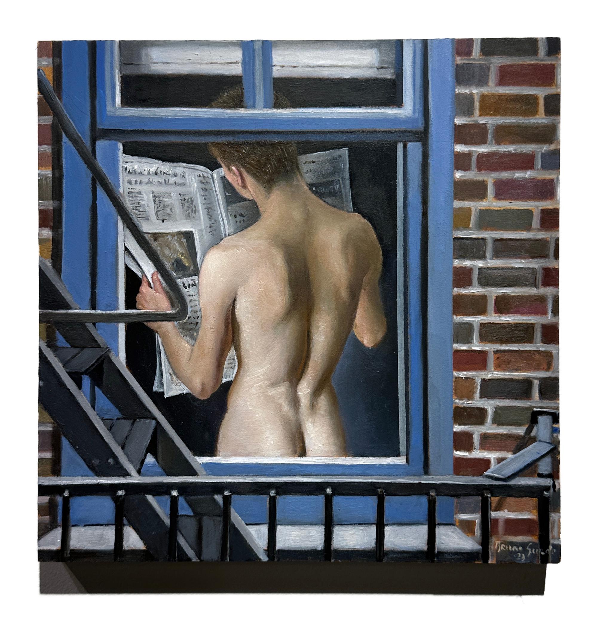 Morning News - Voyeuristic View of Nude männlicher Torso Through the Fire Escape  im Angebot 1