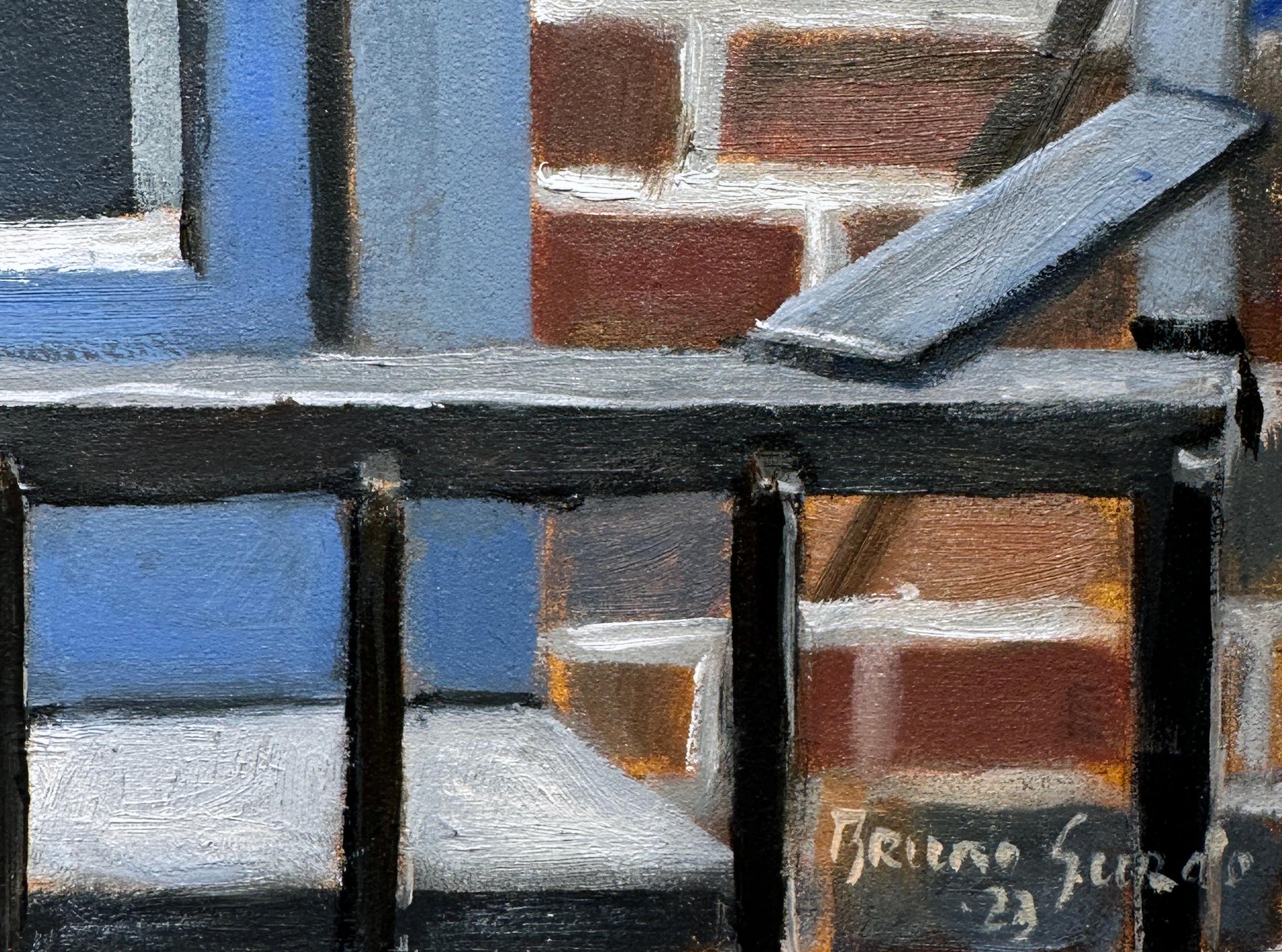 A unsuspecting nude male reads the morning paper as we catch a glimpse of him thru the fire escape.  The brick and metal act as a frame for the muscular figure. This intimate portrait is on a cradled panel therefore not requiring framing however,