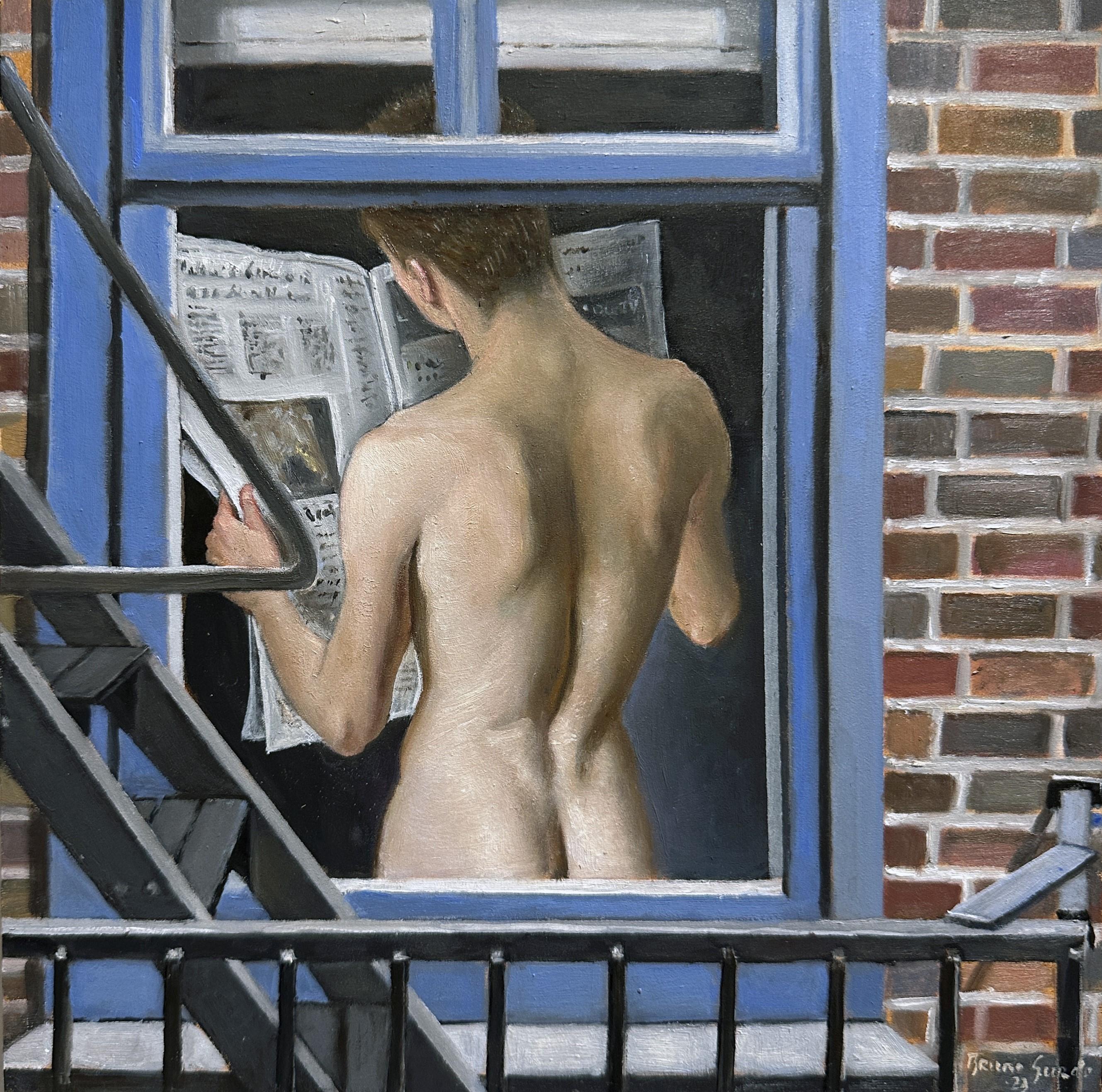 Bruno Surdo Nude Painting – Morning News - Voyeuristic View of Nude männlicher Torso Through the Fire Escape 