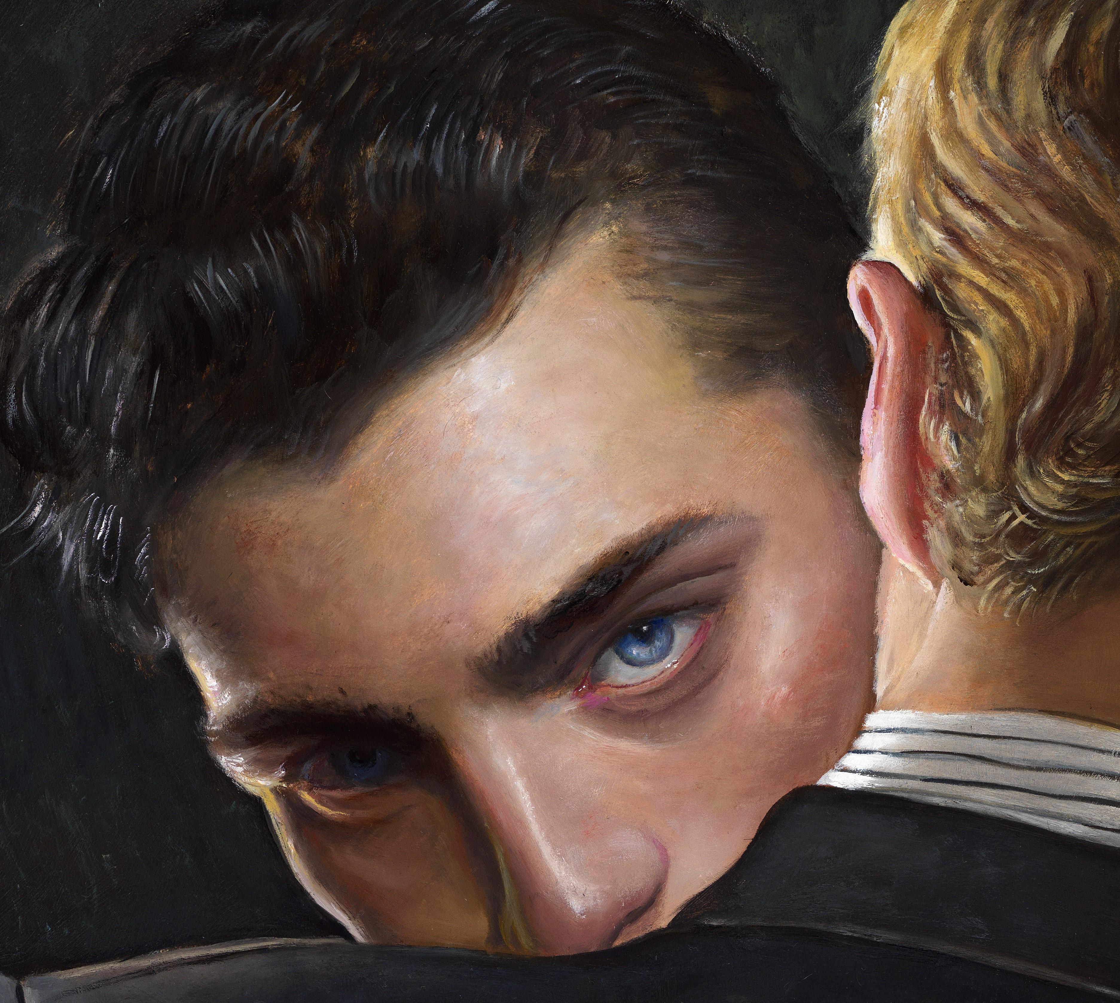 Trouveur de moth - Deux hommes s'embrassant, perçant les yeux bleus, peinture à l'huile originale - Painting de Bruno Surdo