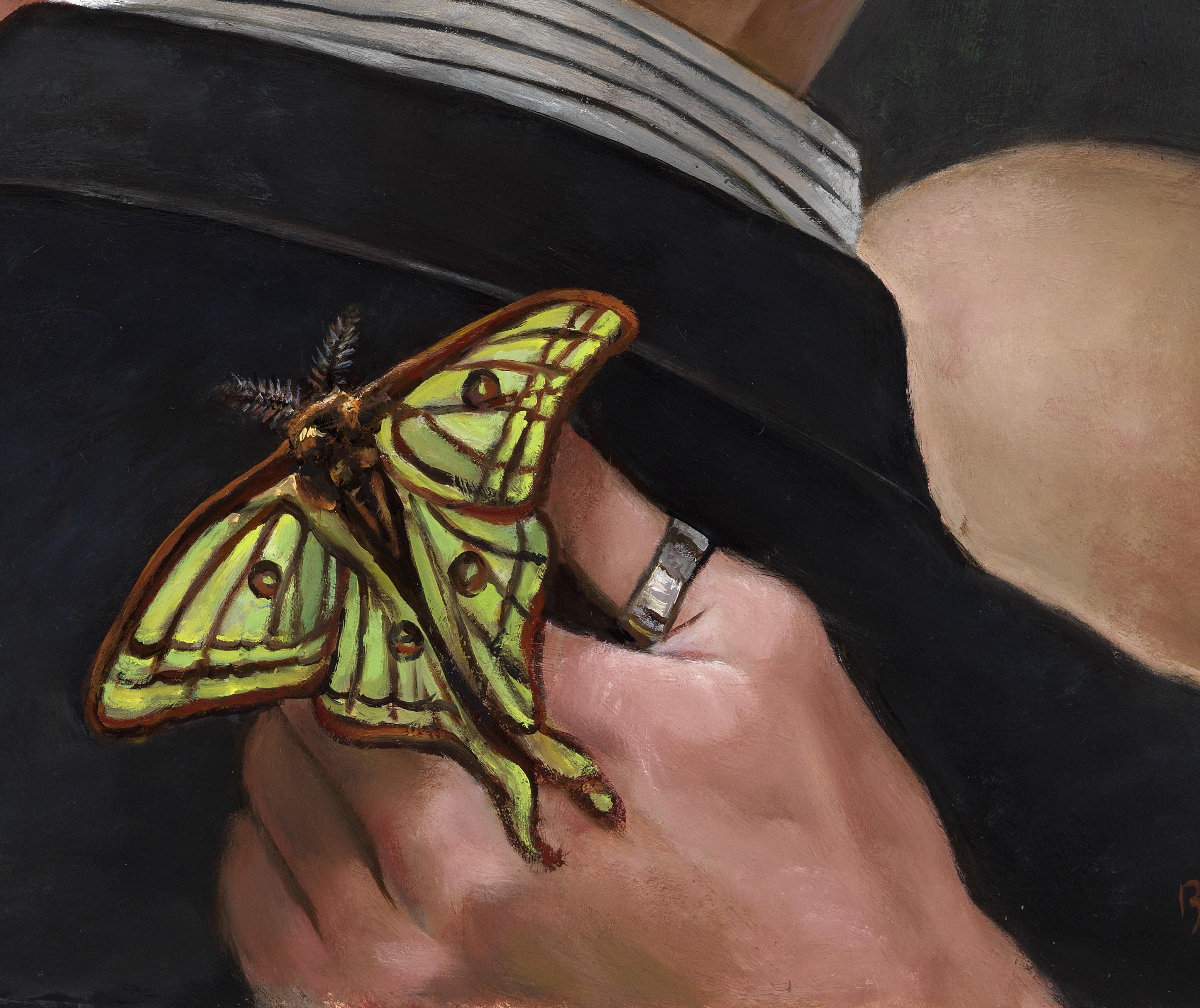 Moth Finder - Male Couple Embracing, Piercing Blue Eyes, Original Oil Painting For Sale 1