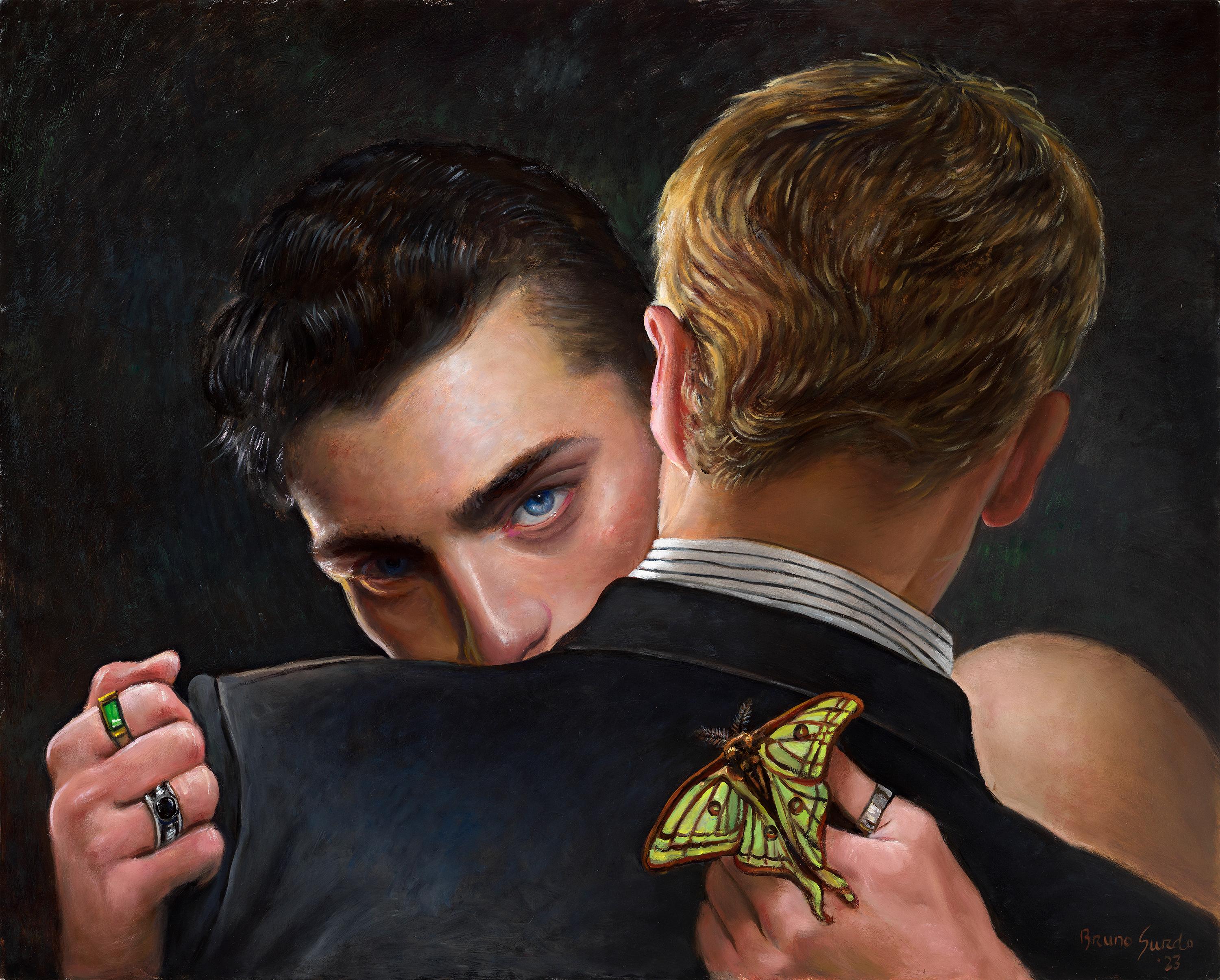 Bruno Surdo Interior Painting - Moth Finder - Male Couple Embracing, Piercing Blue Eyes, Original Oil Painting