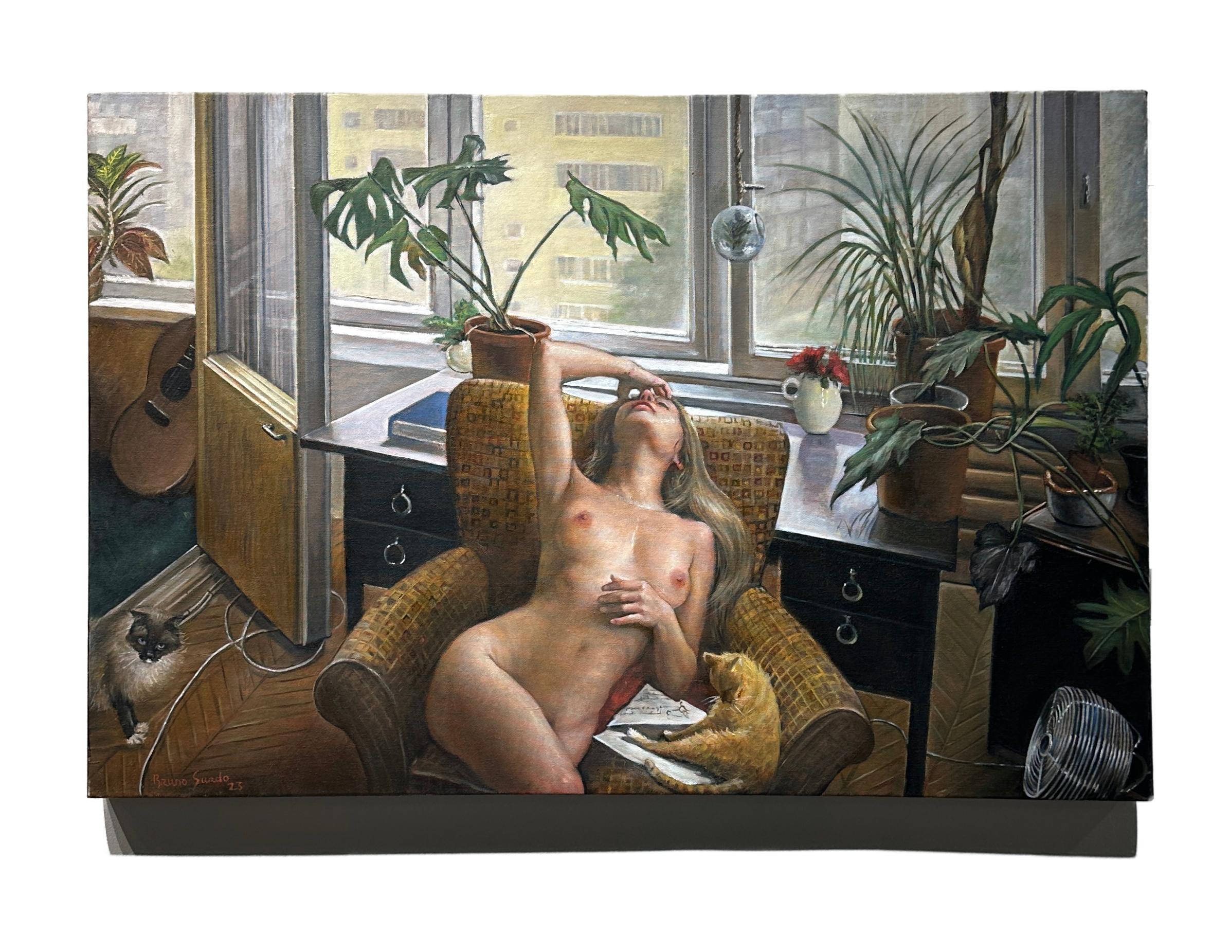 My Inner Sanctum - Nude Woman Reclining On Chair w/ Cats, Original Oil Painting For Sale 4