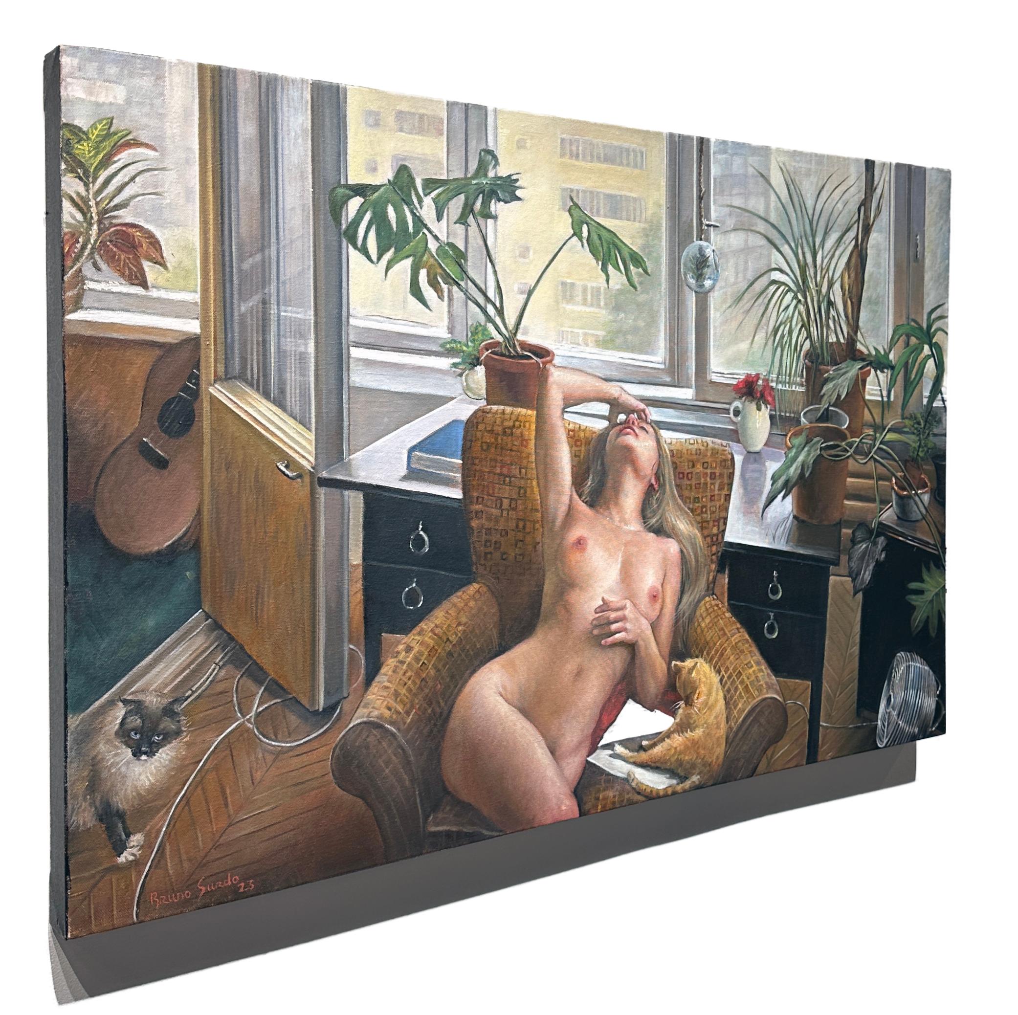 My Inner Sanctum - Nude Woman Reclining On Chair w/ Cats, Original Oil Painting For Sale 5