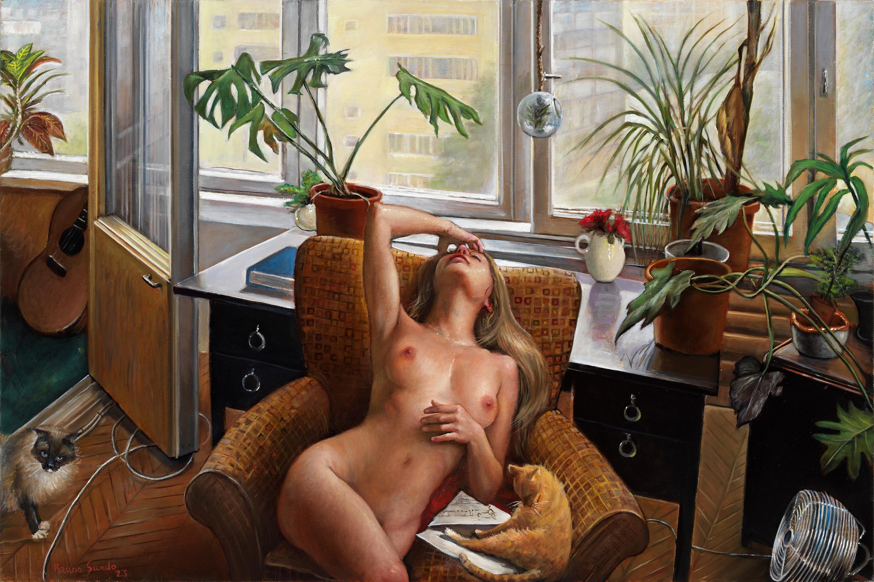 Bruno Surdo Interior Painting - My Inner Sanctum - Nude Woman Reclining On Chair w/ Cats, Original Oil Painting