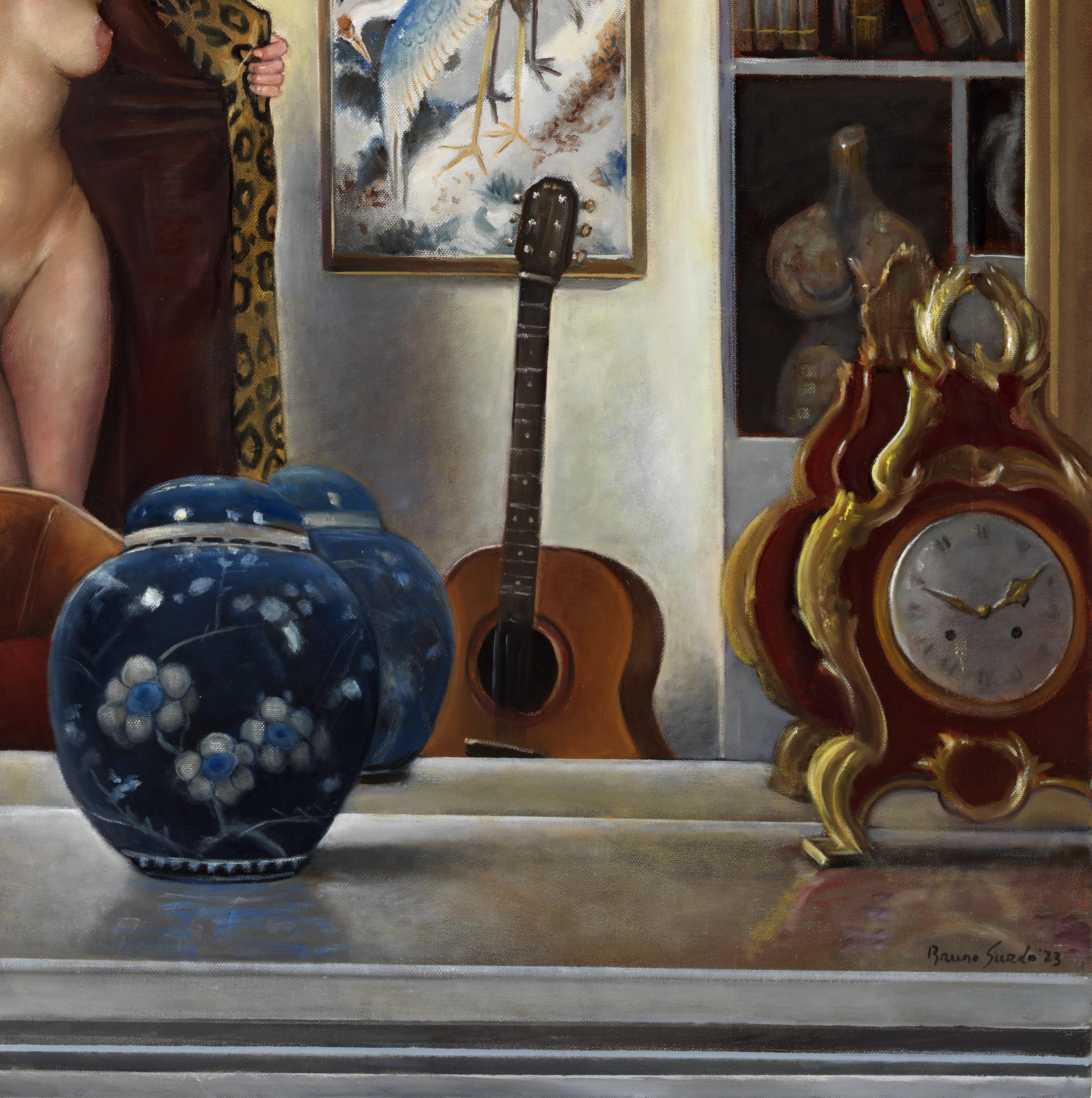 A woman is disrobing while entering what appears to be a library.  She gazes directly at the viewer suggesting we have interrupted this private moment. This intimate portrait is painted with a black trimmed edge therefore not requiring framing