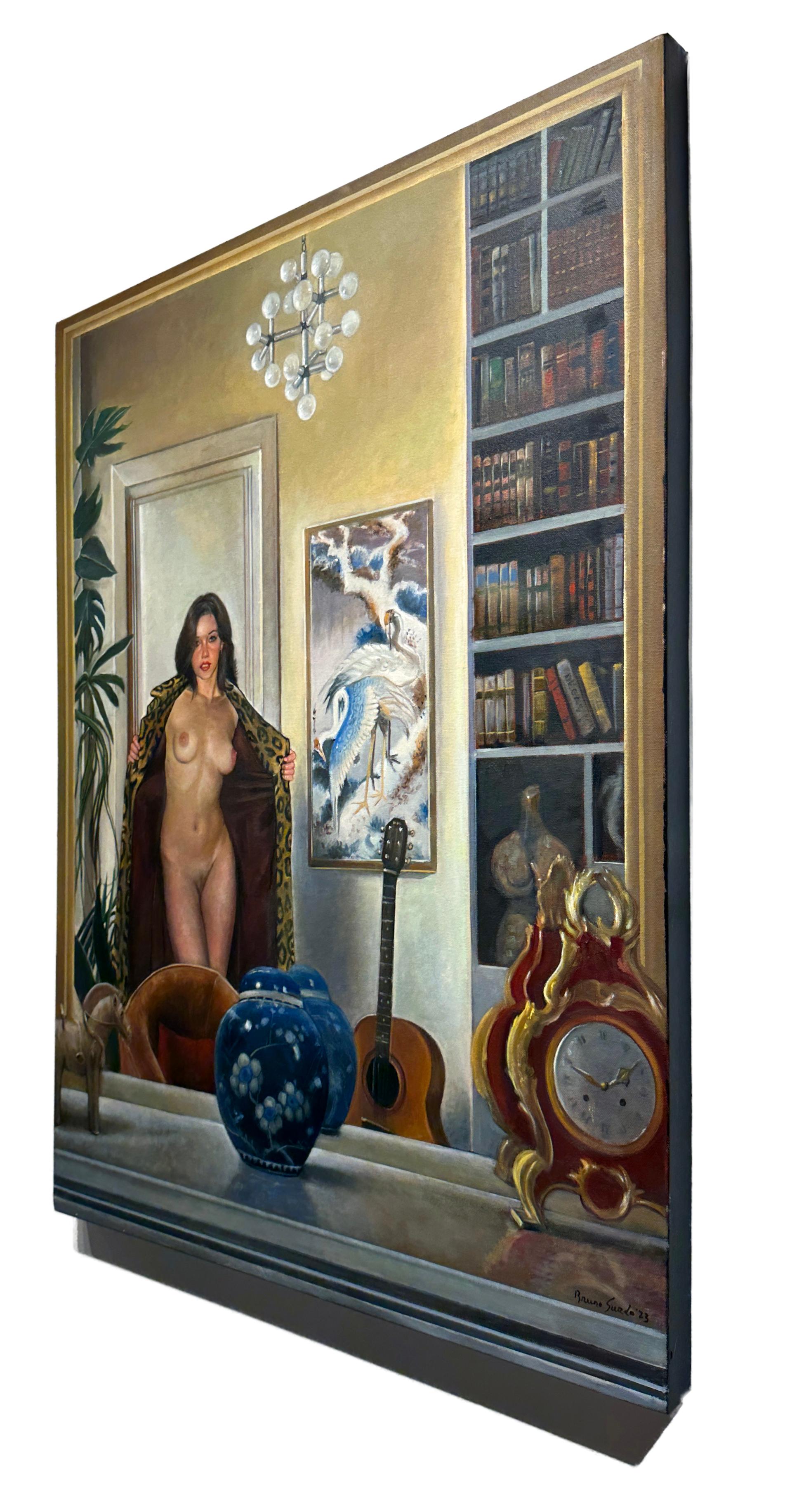 My Private World - Woman Removing Leopard Coat Reflected in Mirror, Oil Painting For Sale 1