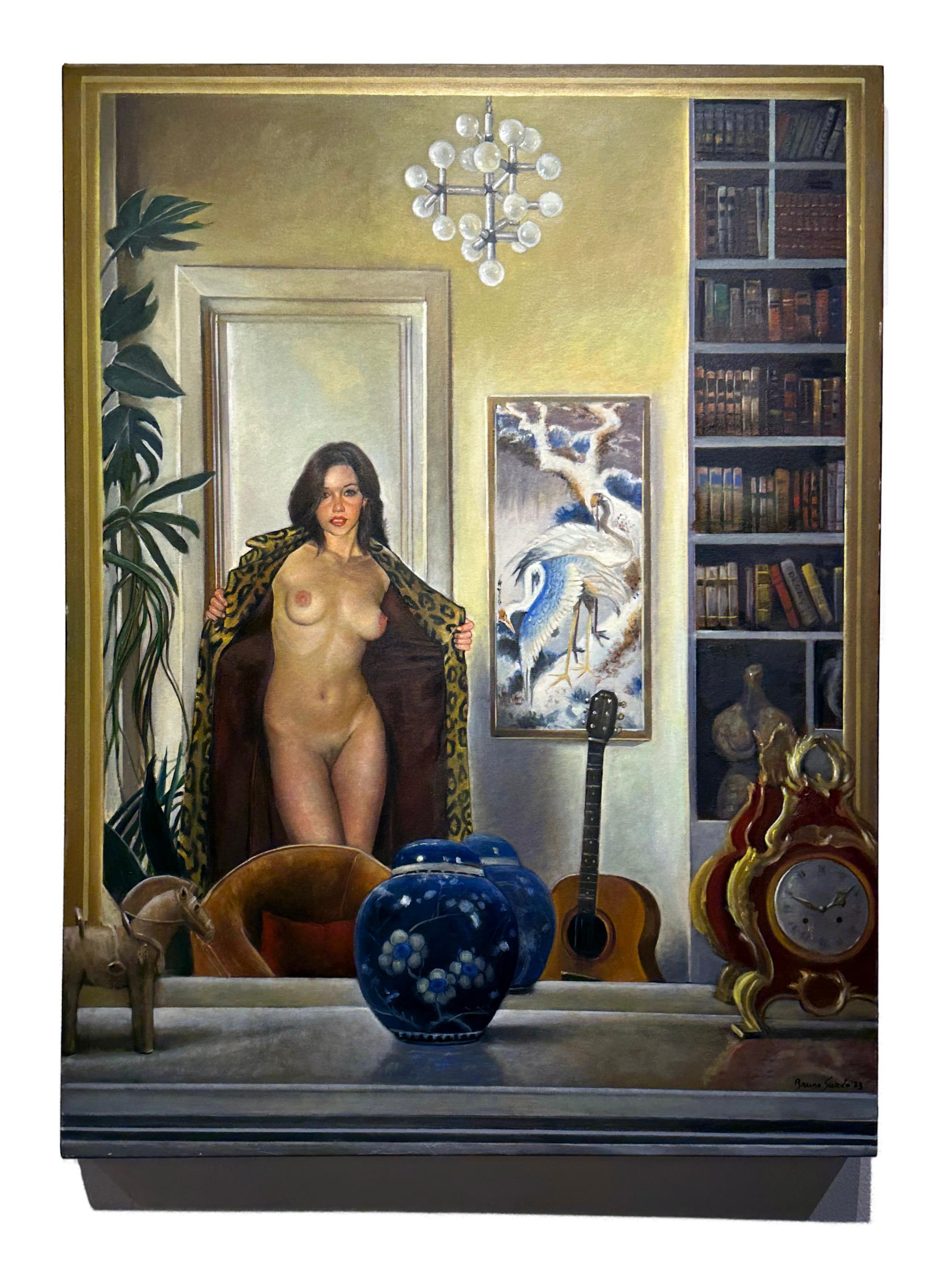 My Private World - Woman Removing Leopard Coat Reflected in Mirror, Oil Painting For Sale 3