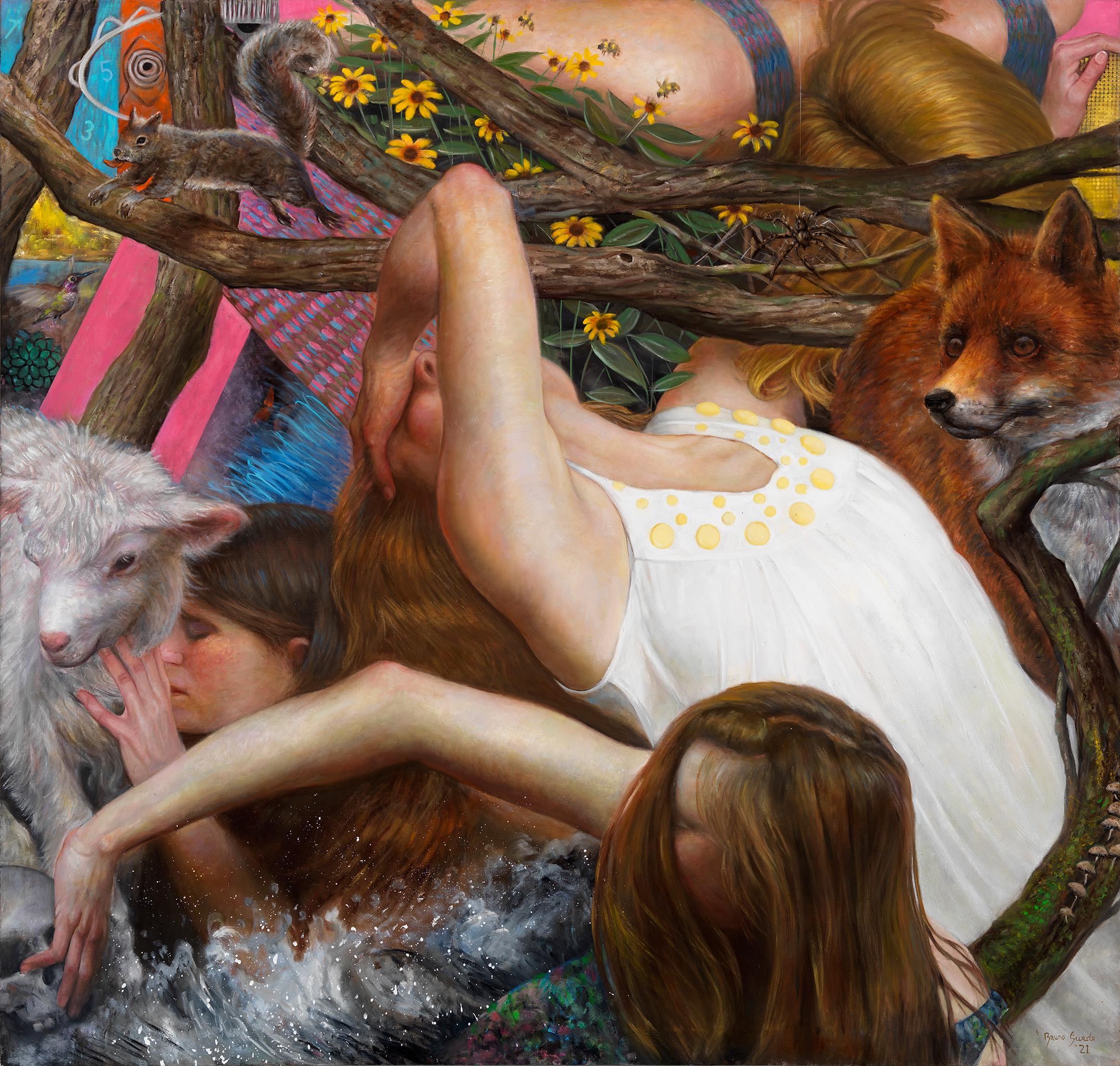 Animal Painting de Bruno Surdo - La red de dependencia de la naturaleza - Pintura al óleo a gran escala con animales y personas
