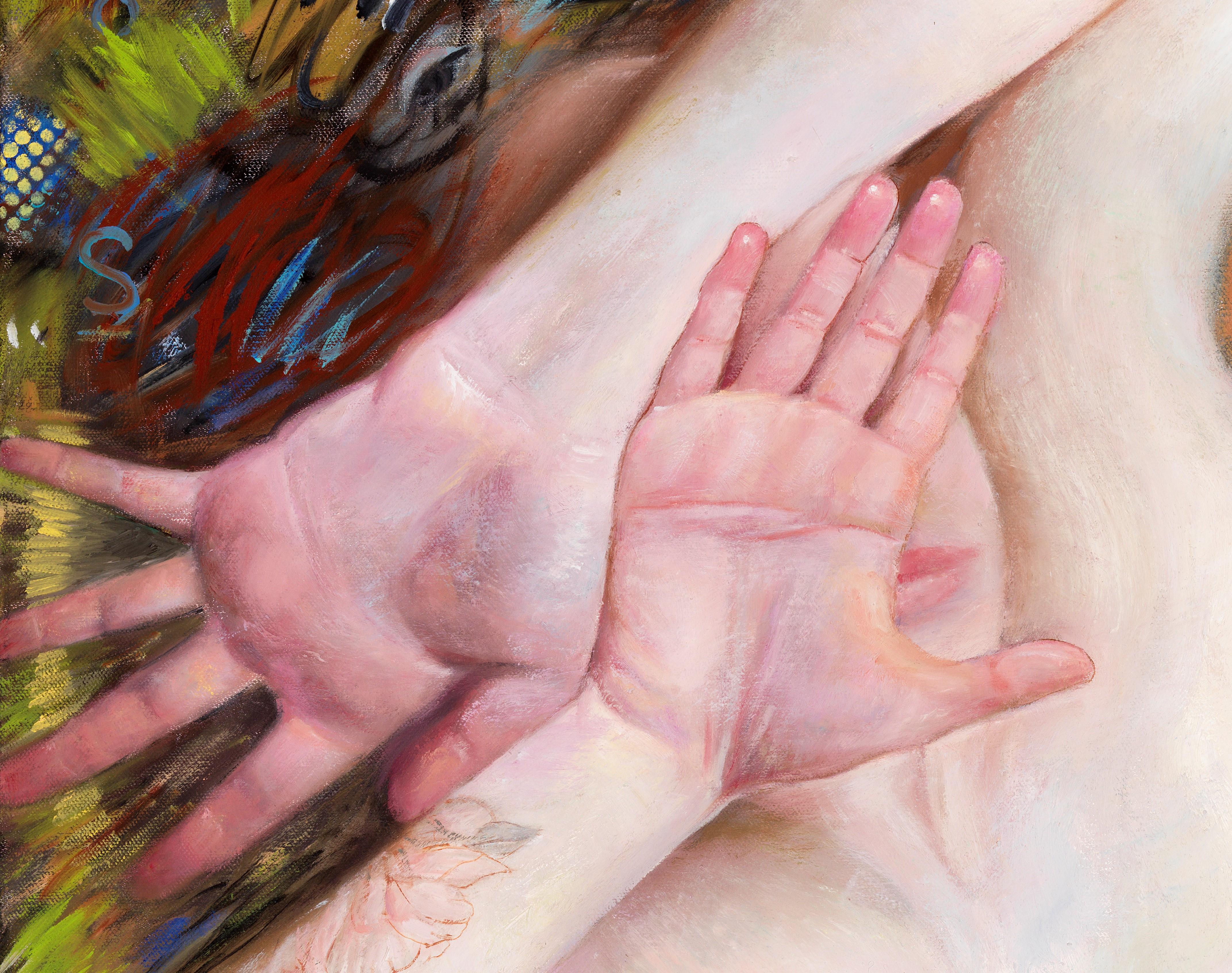 Pareidolia  - Distorted Female Nude, Hands Covering Her Face, Oil on Panel - Painting by Bruno Surdo