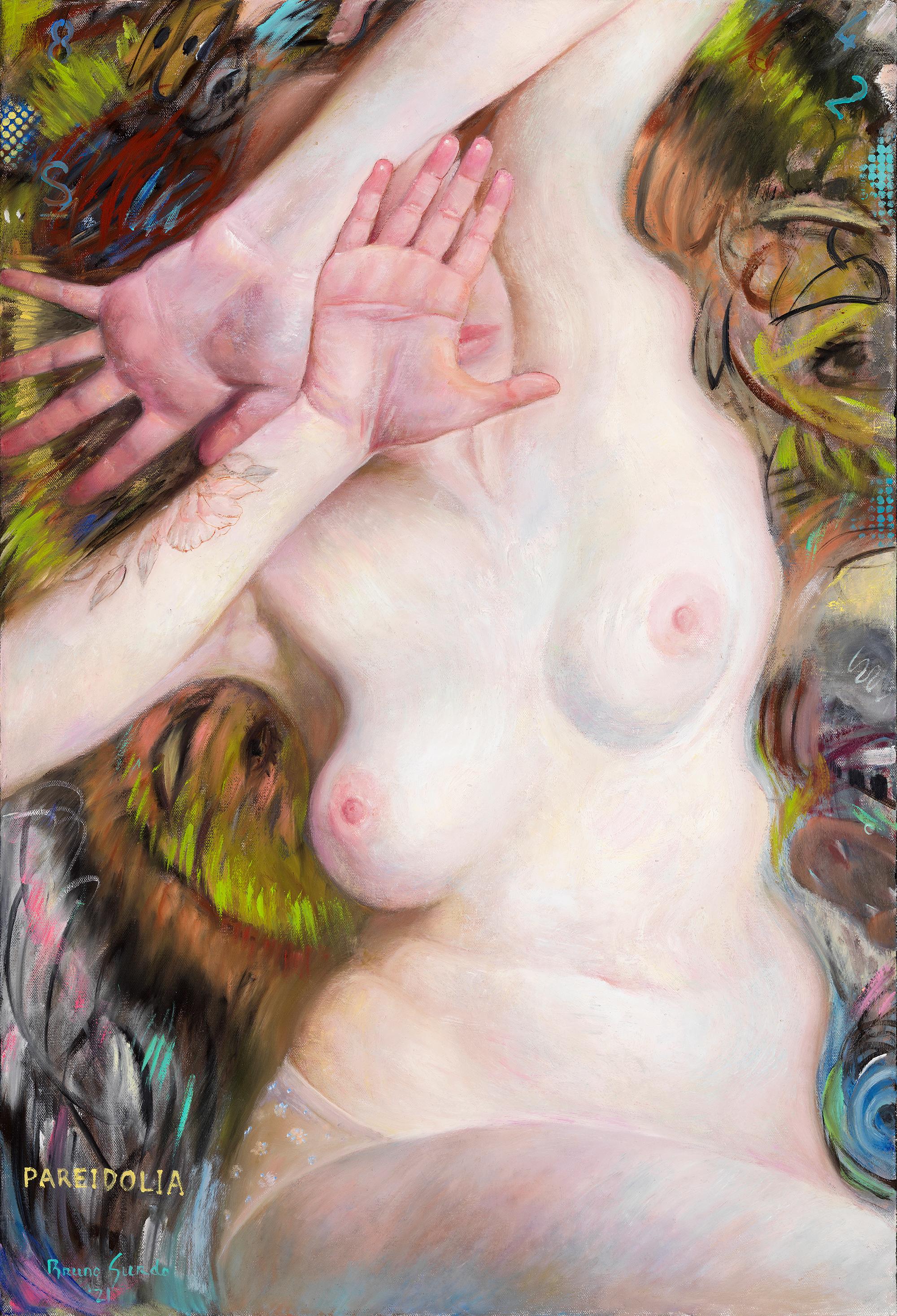 Bruno Surdo Figurative Painting - Pareidolia  - Distorted Female Nude, Hands Covering Her Face, Oil on Panel