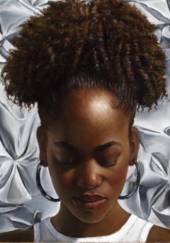 Reflections - Portrait of a Female Against Silvery Backdrop, Original Oil
