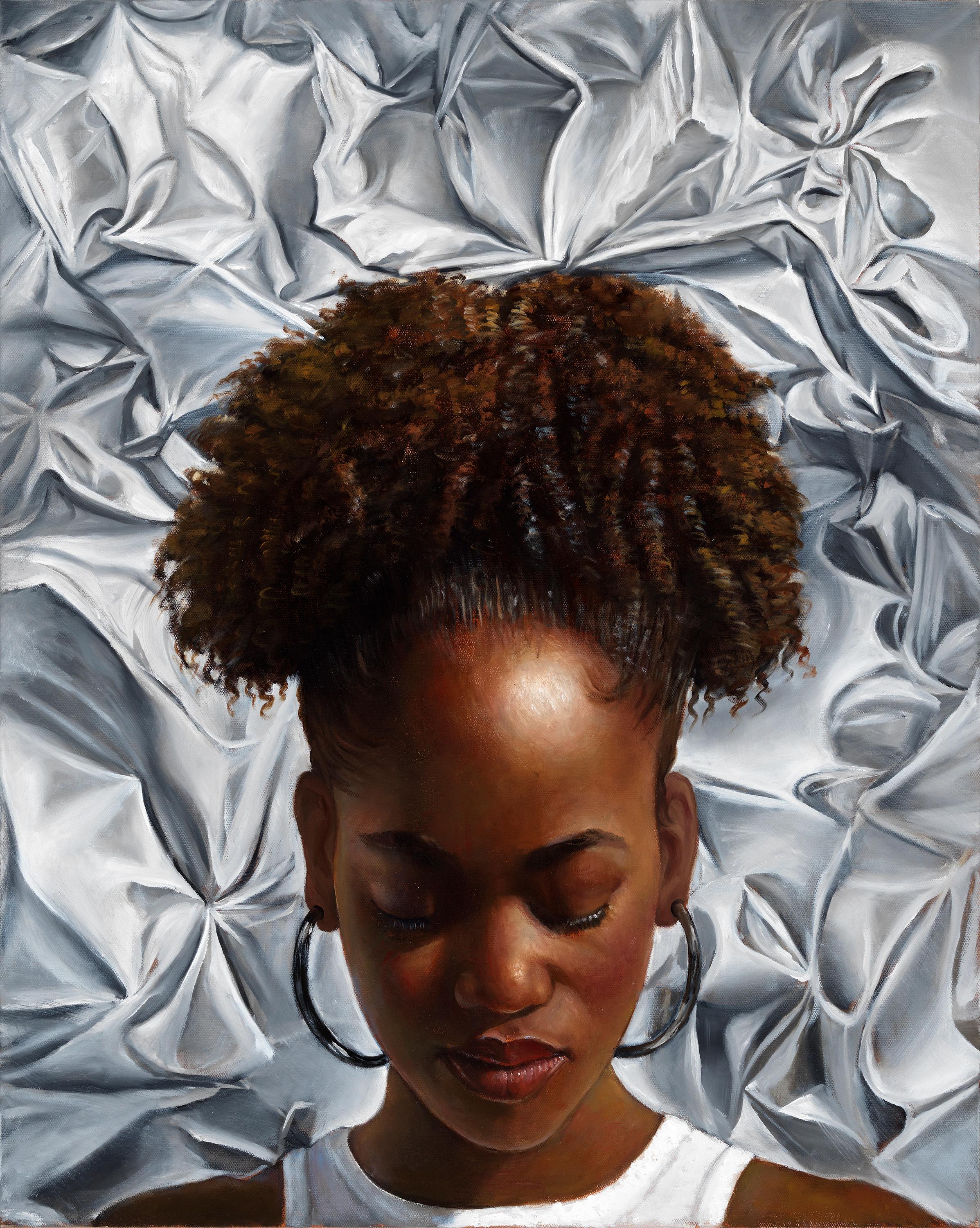 Reflections - Portrait of a Female Against Silvery Backdrop, Original Oil 