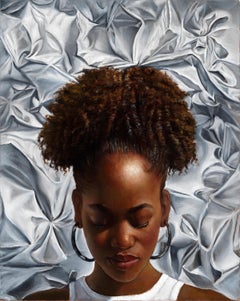 Reflections - Portrait of a Female Against Silvery Backdrop, Original Oil 