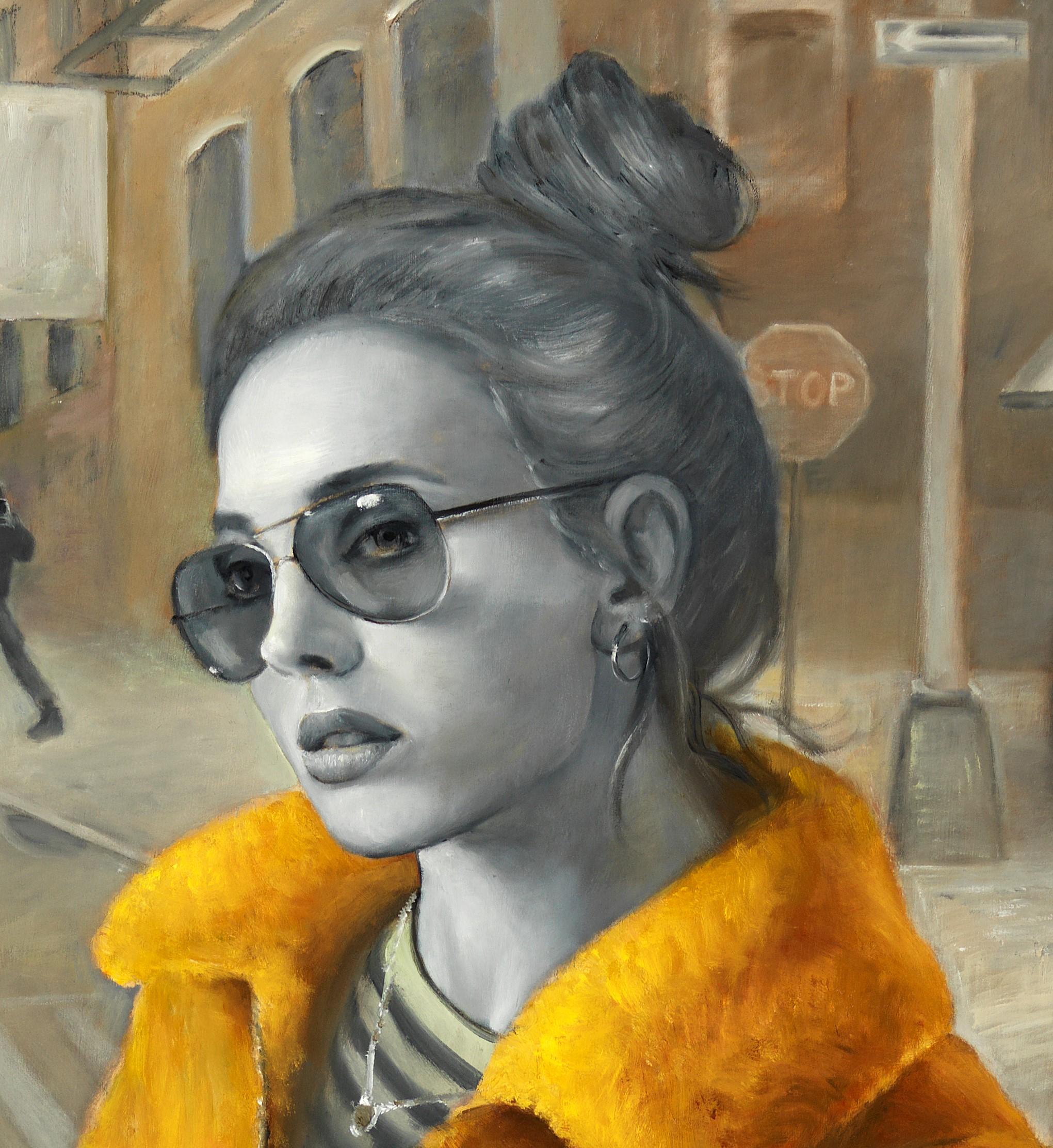 Separate Worlds of Reality, Woman Wearing a Bright Yellow Coat, Urban Setting - Painting by Bruno Surdo