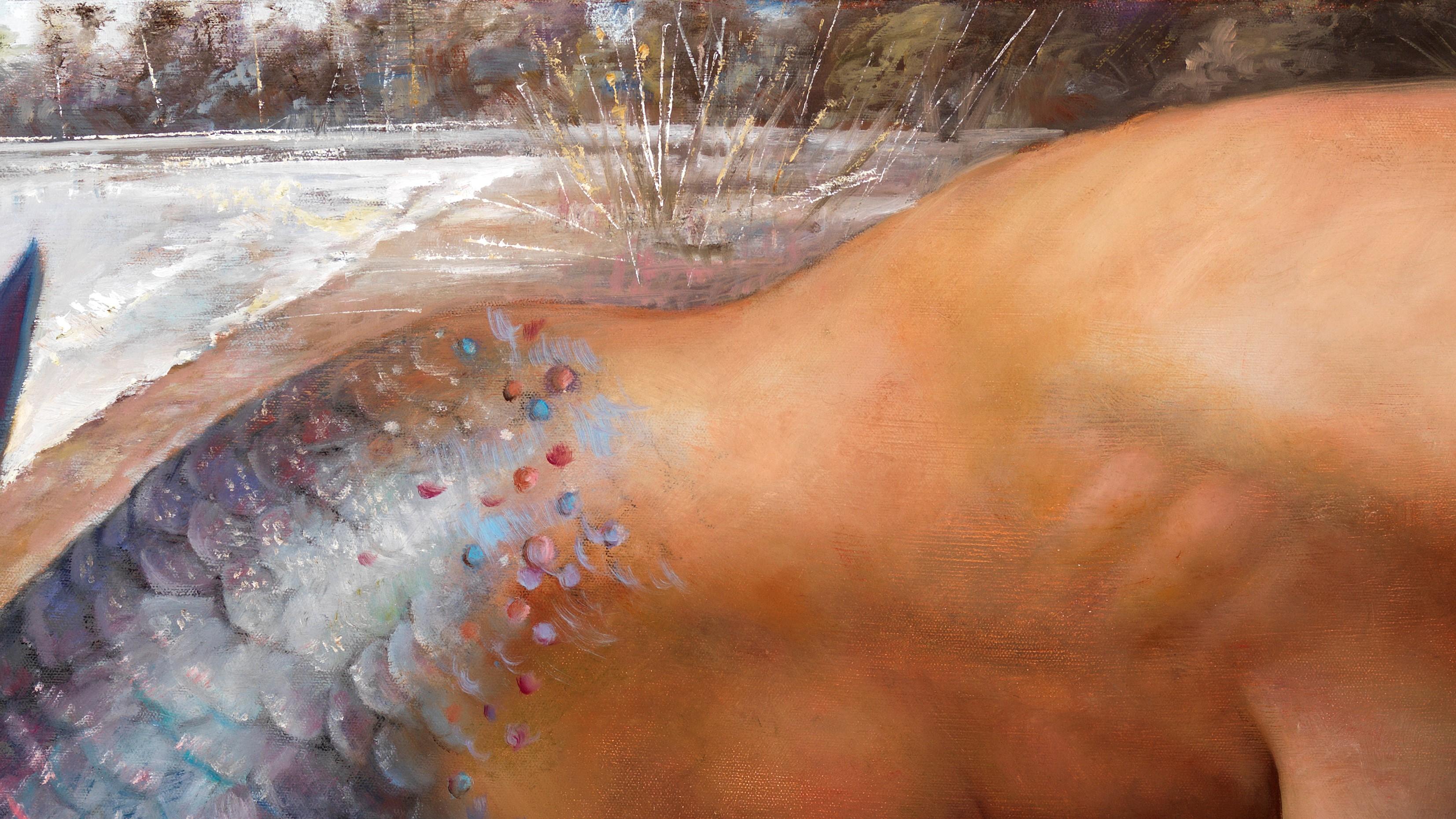 Mermaid submergée - Mermaid aux cheveux foncés et à la peau égale émergeant de l'eau - Noir Nude Painting par Bruno Surdo