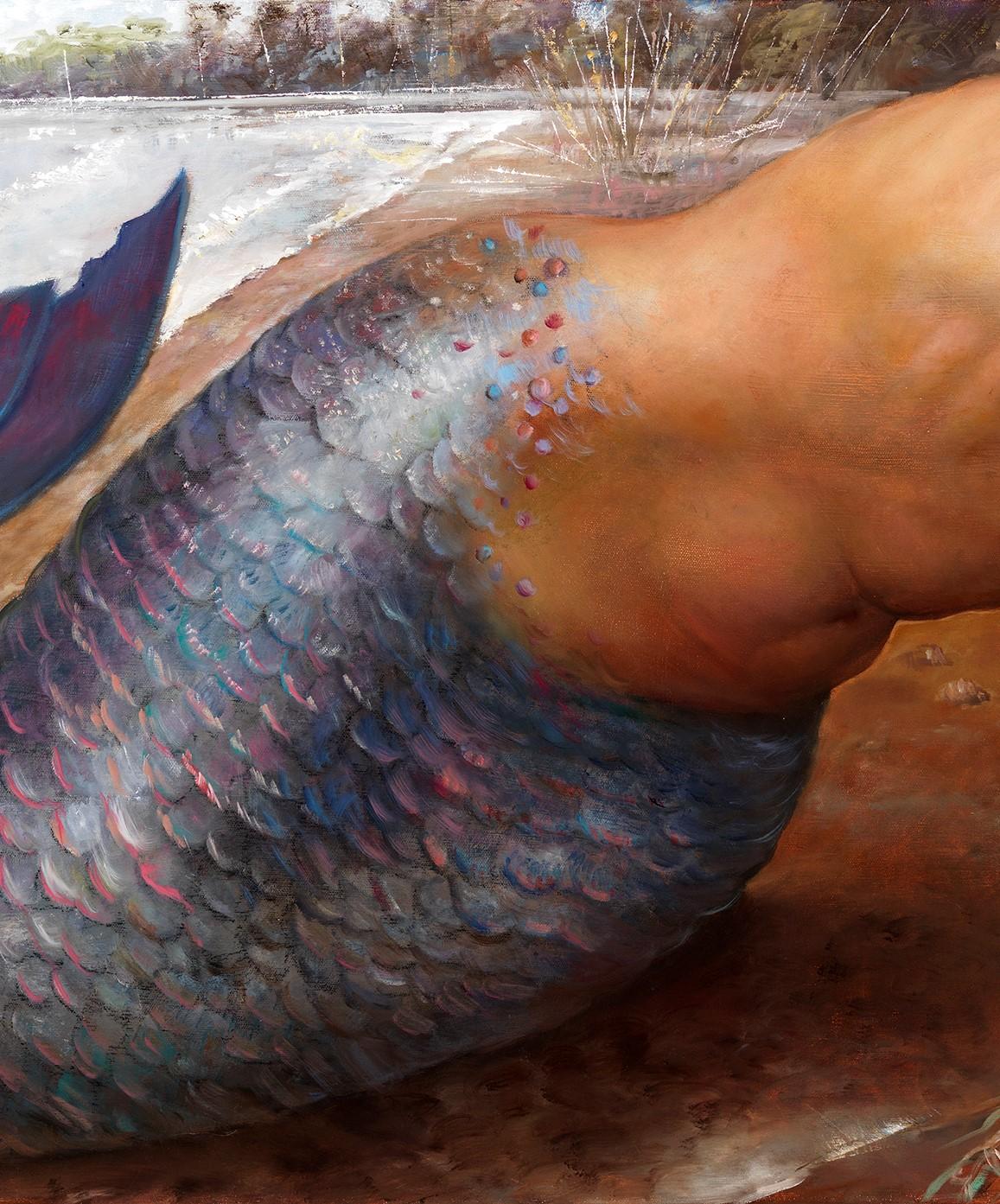 Mermaid submergée - Mermaid aux cheveux foncés et à la peau égale émergeant de l'eau en vente 1