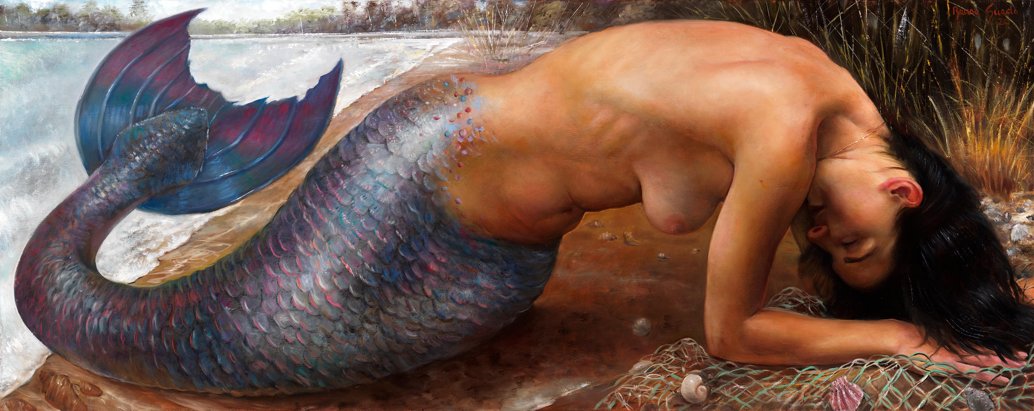 Nude Painting Bruno Surdo - Mermaid submergée - Mermaid aux cheveux foncés et à la peau égale émergeant de l'eau