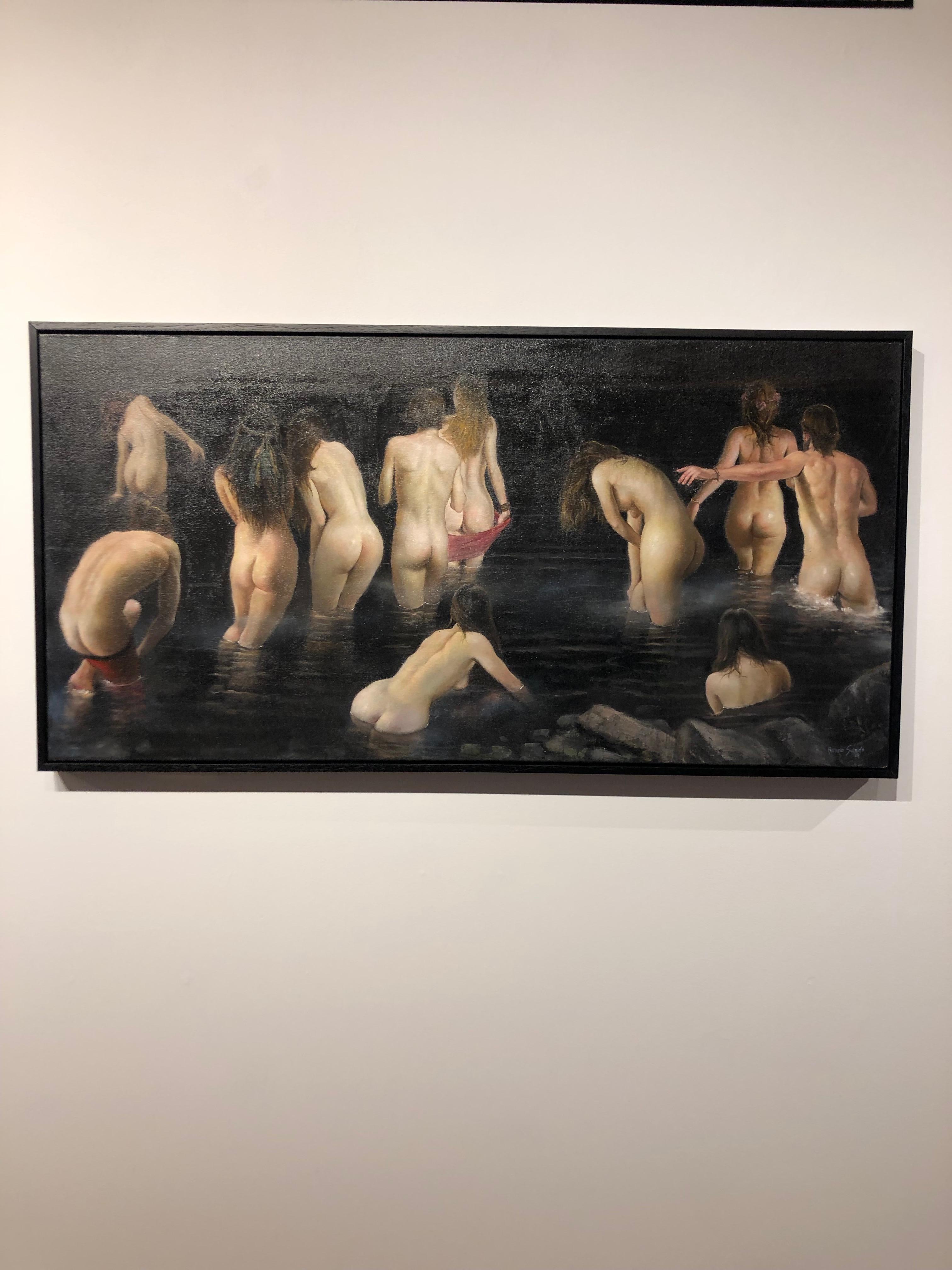 The Abyss - Peinture à l'huile originale de figures nues qui errent dans un plan d'eau - Painting de Bruno Surdo