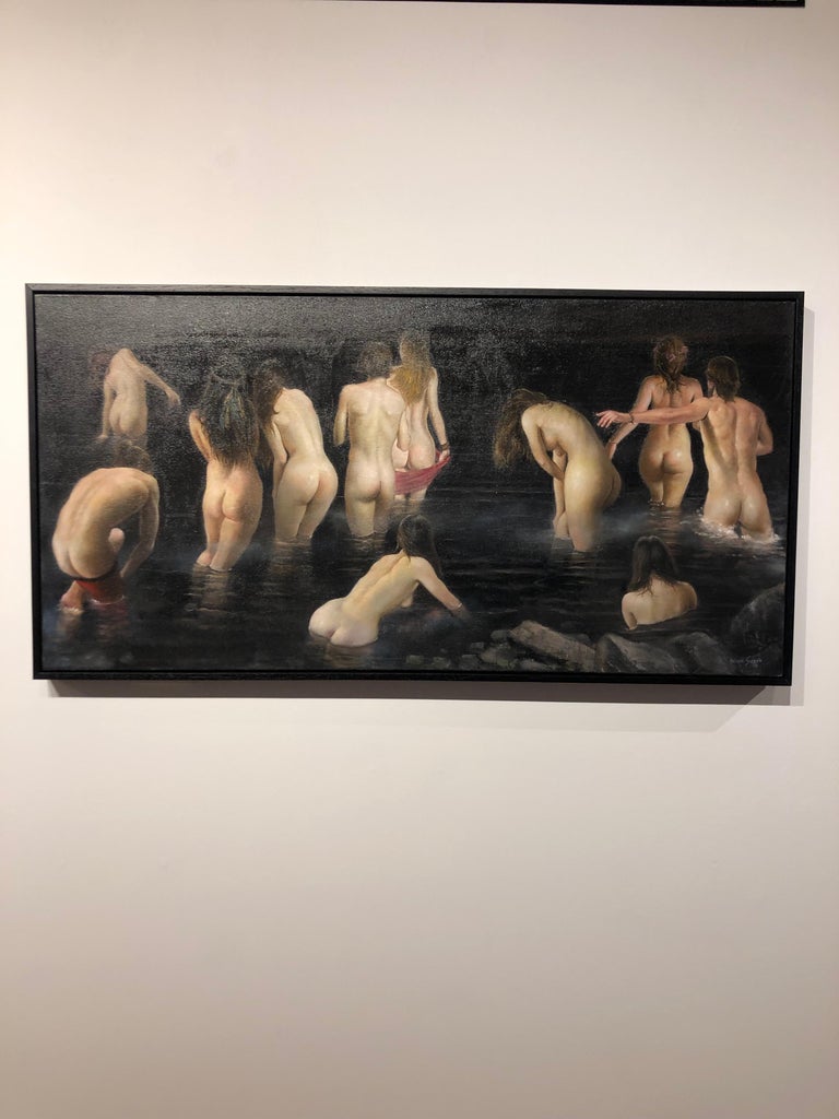 The Abyss - Original Oil Painting of Nude Figures Wandering Into a Body of Water - Black Nude Painting by Bruno Surdo