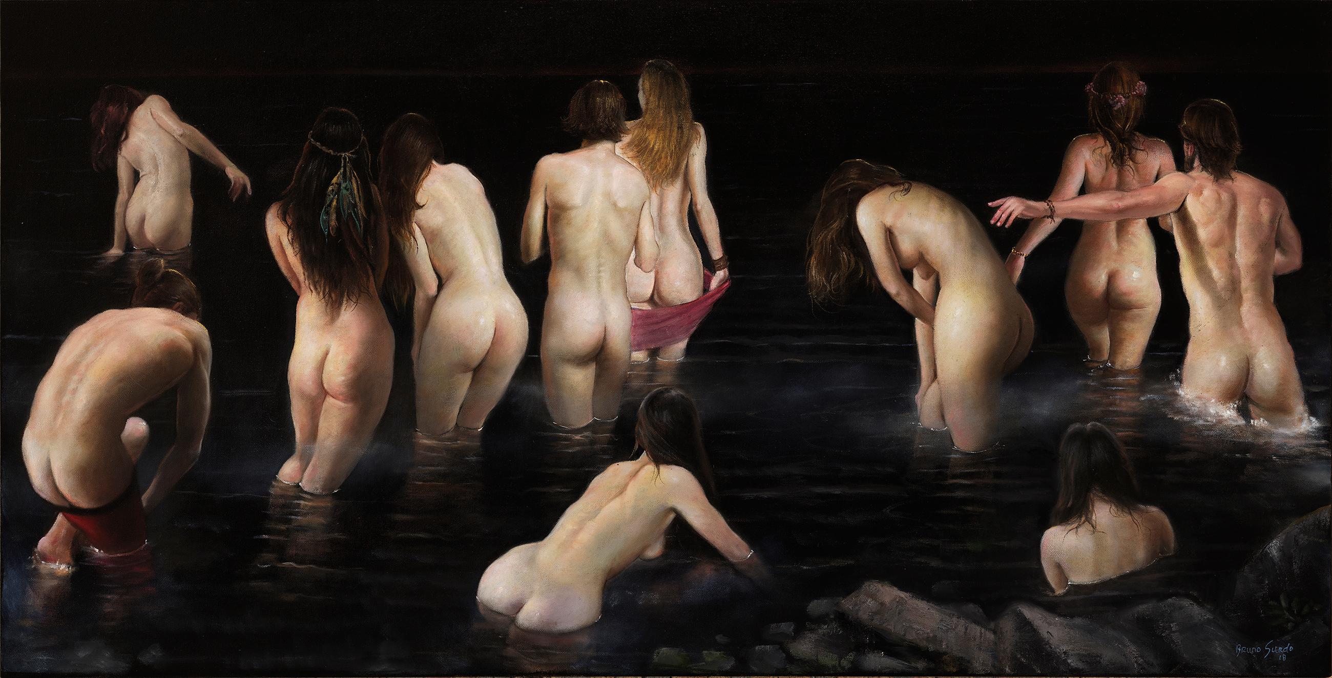 The Abyss - Original Oil Painting of Nude Figures Wandering Into a Body of Water