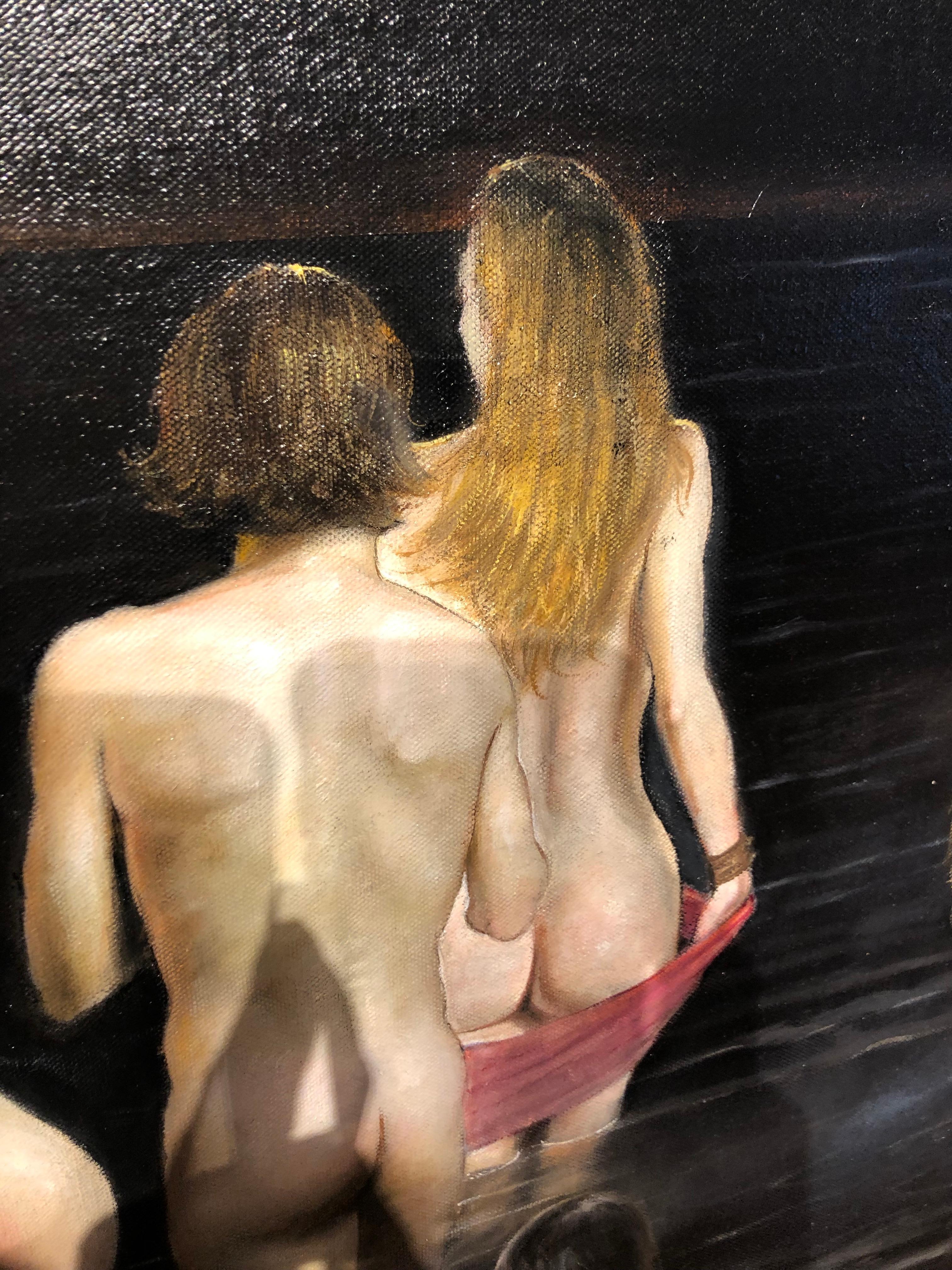 The Abyss - Original Oil Painting of Nude Figures Wandering Into a Body of Water - Black Nude Painting by Bruno Surdo