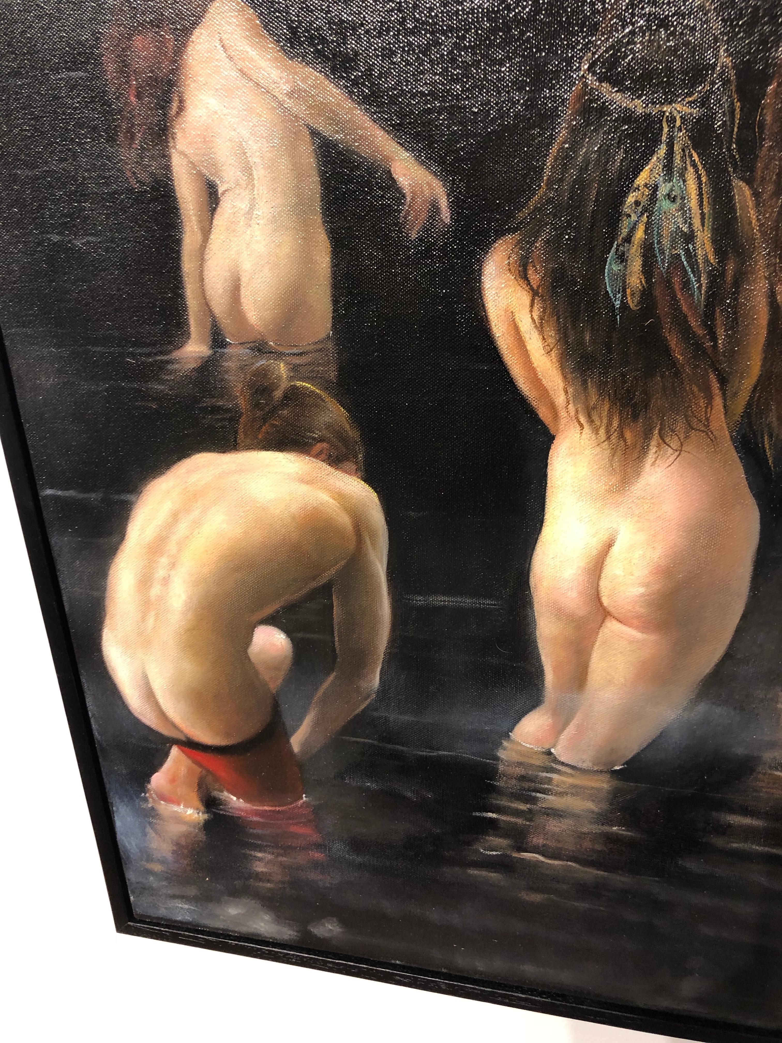 The Abyss - Peinture à l'huile originale de figures nues qui errent dans un plan d'eau en vente 2