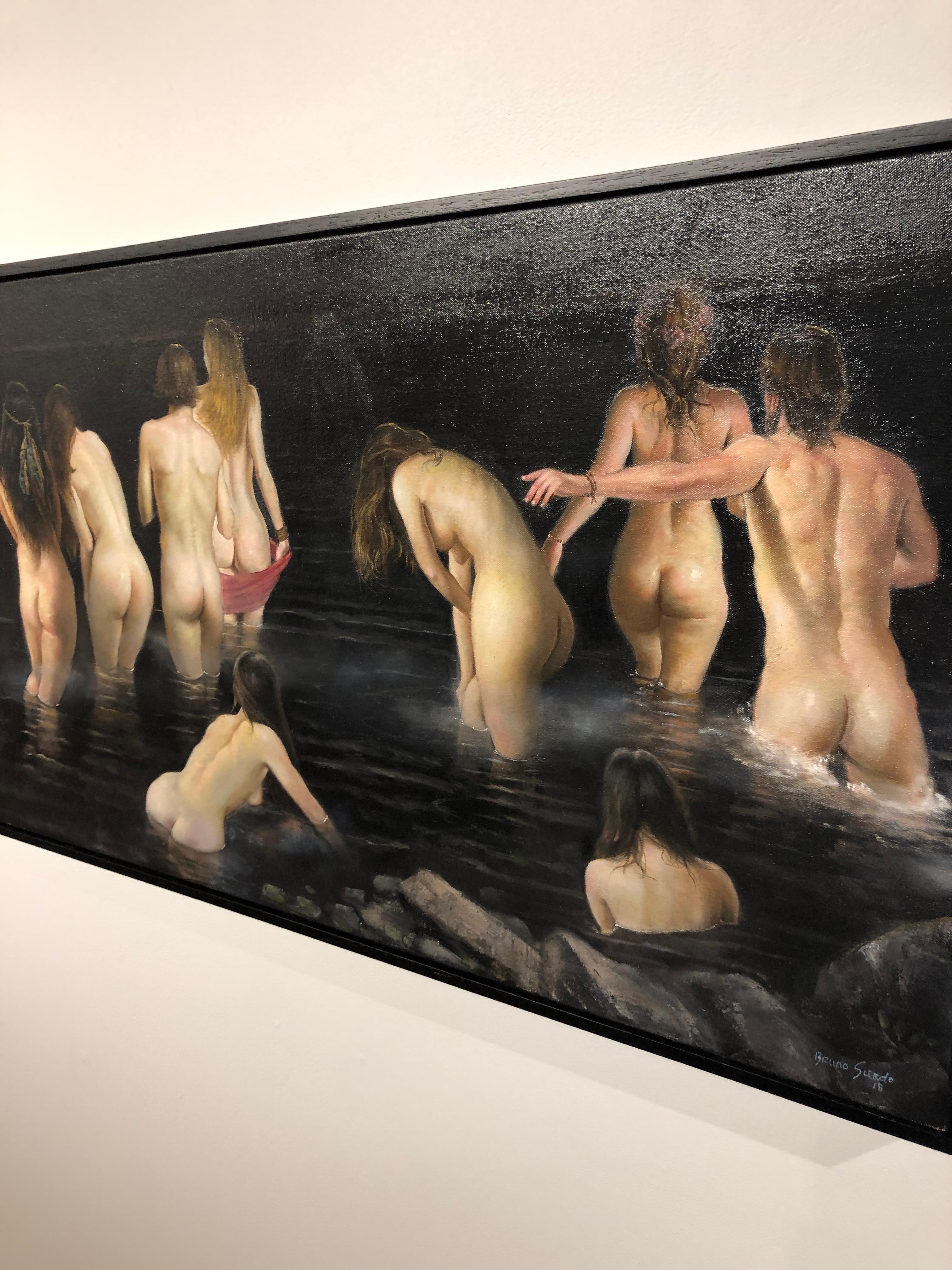 The Abyss - Peinture à l'huile originale de figures nues qui errent dans un plan d'eau en vente 3