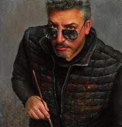 The Artist and His Dog, Self Portrait with Black and White Dog, Oil on Canvas