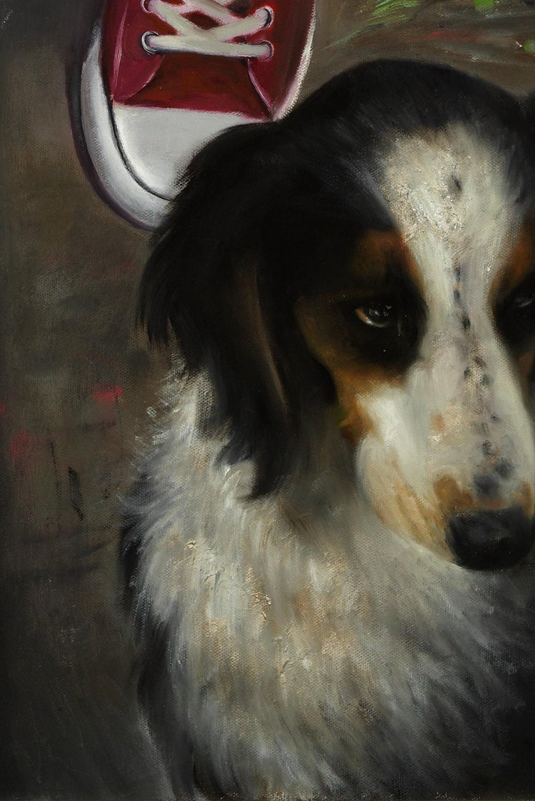 The Artist and His Dog, Self Portrait with Black and White Dog, Oil on Canvas - Contemporary Painting by Bruno Surdo
