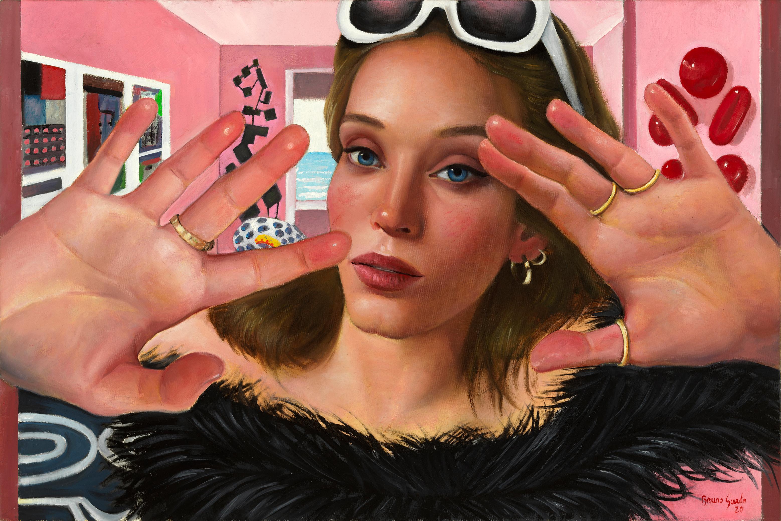 Bruno Surdo Figurative Painting - The Collector -Woman with White Sunglasses & Black Fur, Pink Interior Walls, Oil