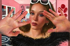 The Collector -Woman with White Sunglasses & Black Fur, Pink Interior Walls, Oil