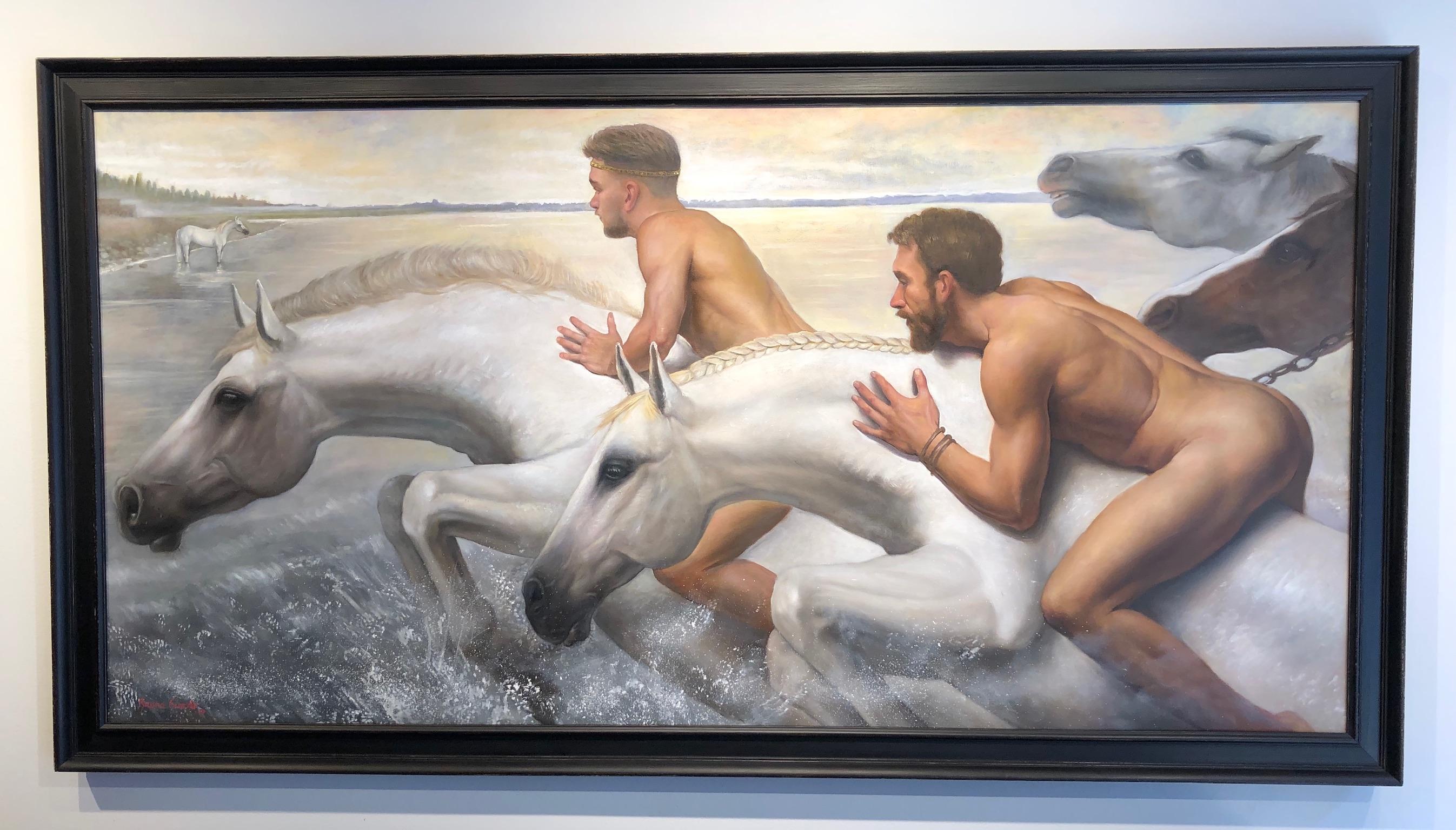 Le huitième travail d'Hercule:: figures masculines nues à cheval:: huile sur toile - Painting de Bruno Surdo