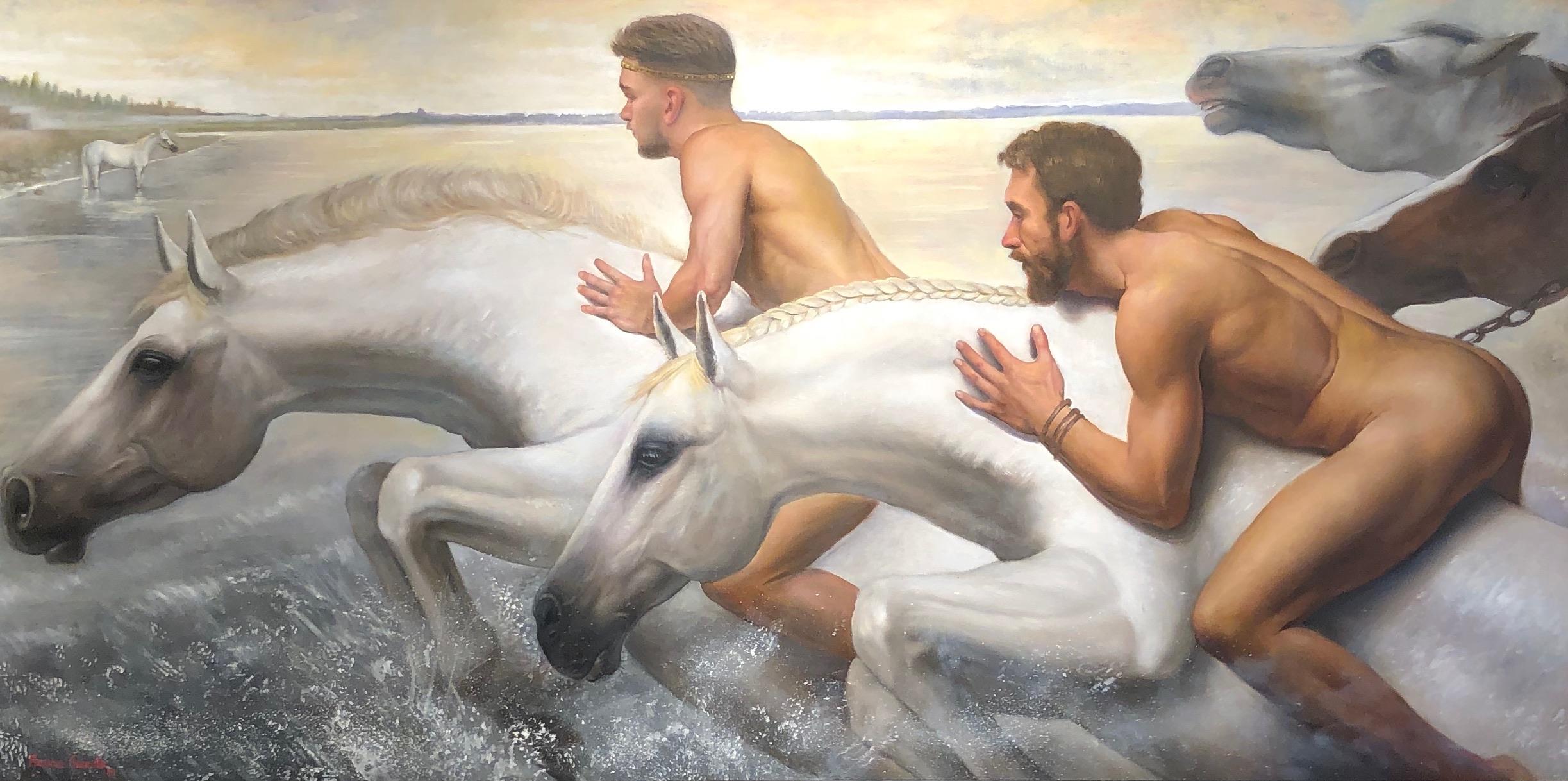 Figurative Painting Bruno Surdo - Le huitième travail d'Hercule:: figures masculines nues à cheval:: huile sur toile
