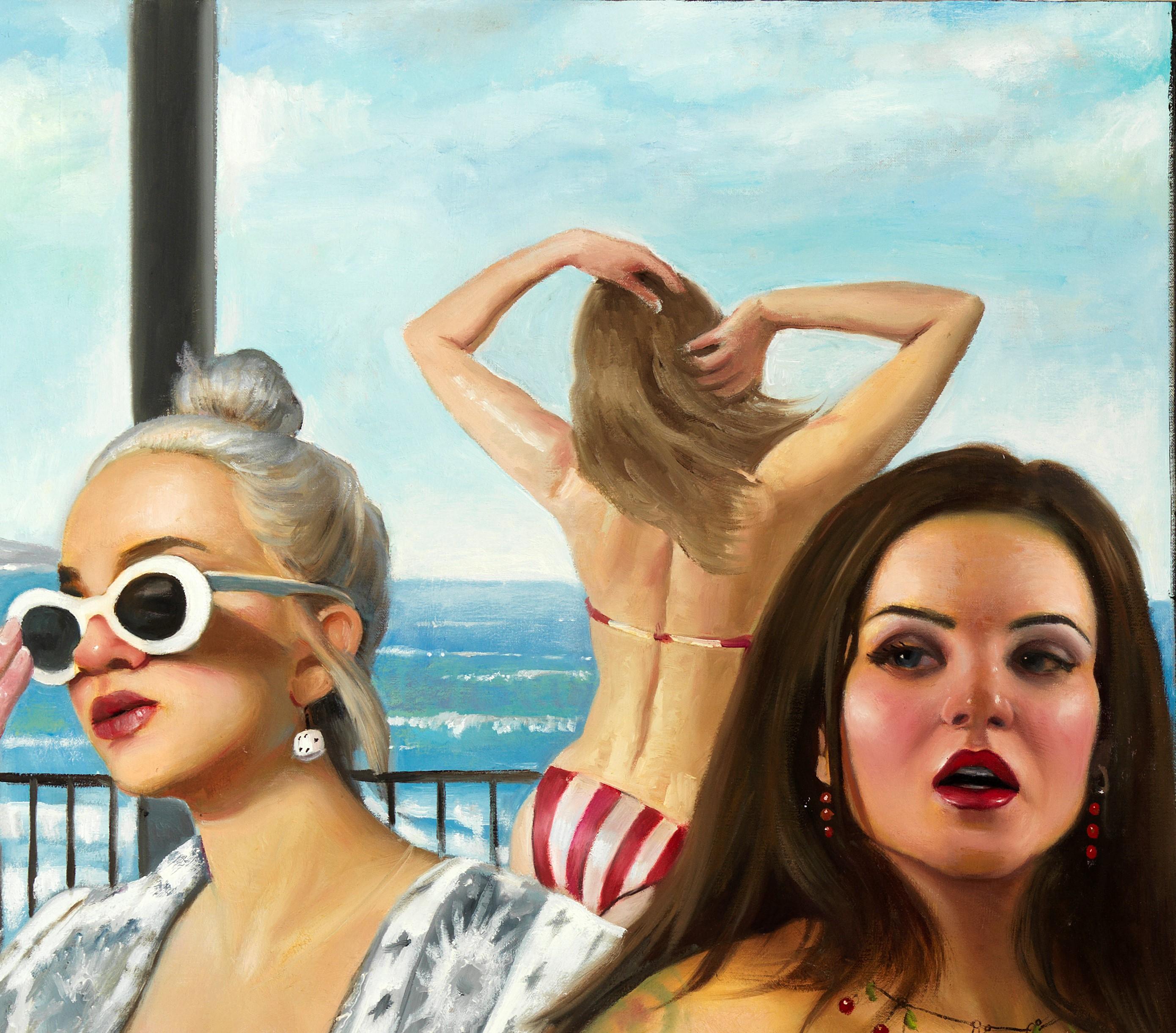 Il voyeur esposto, un gruppo di donne in bikini in vari stati di spogliazione - Painting di Bruno Surdo