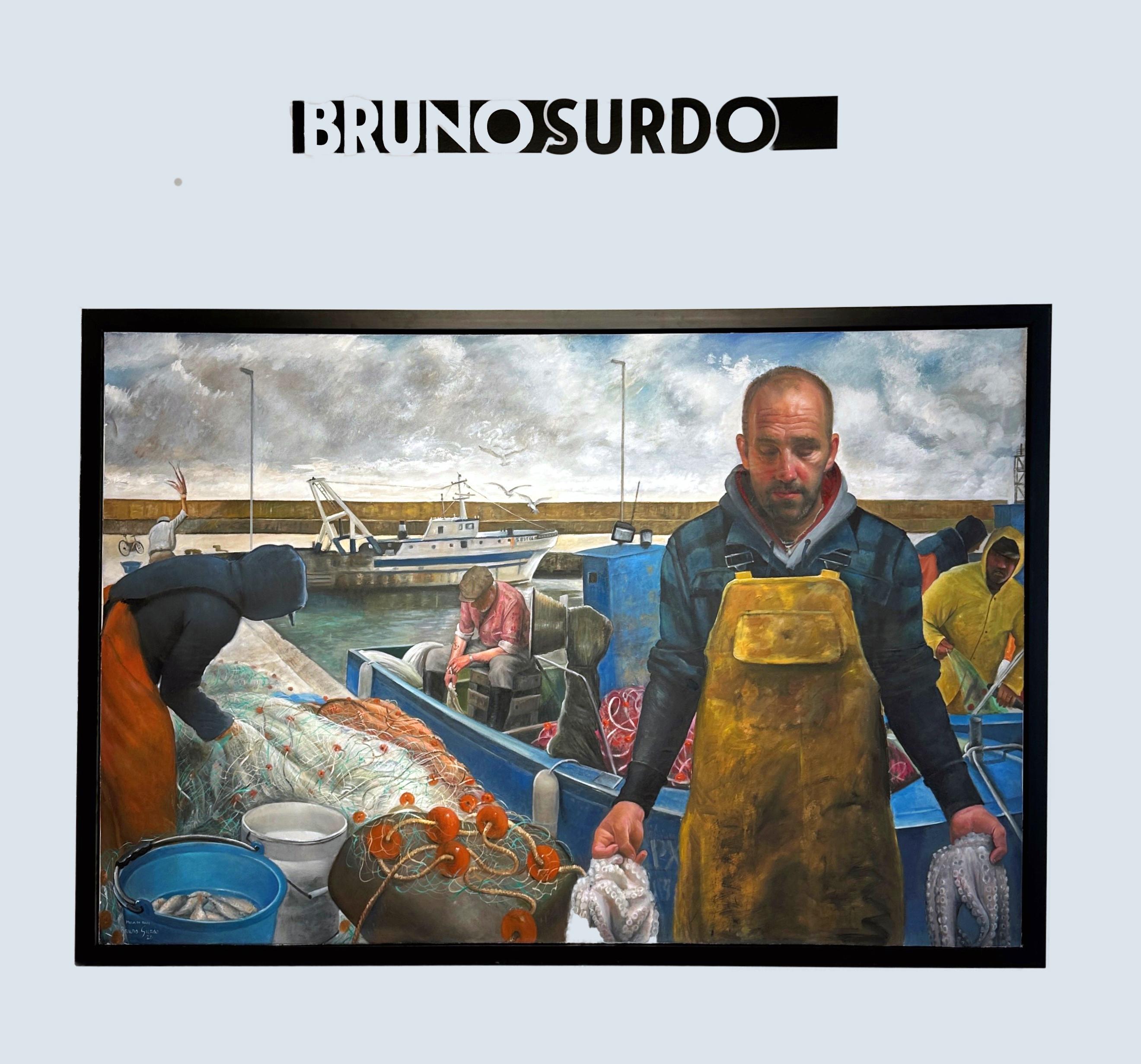 Le pêcheur de Mola di Bari, Puglia, Italie, peinture à l'huile à grande échelle, encadrée - Painting de Bruno Surdo