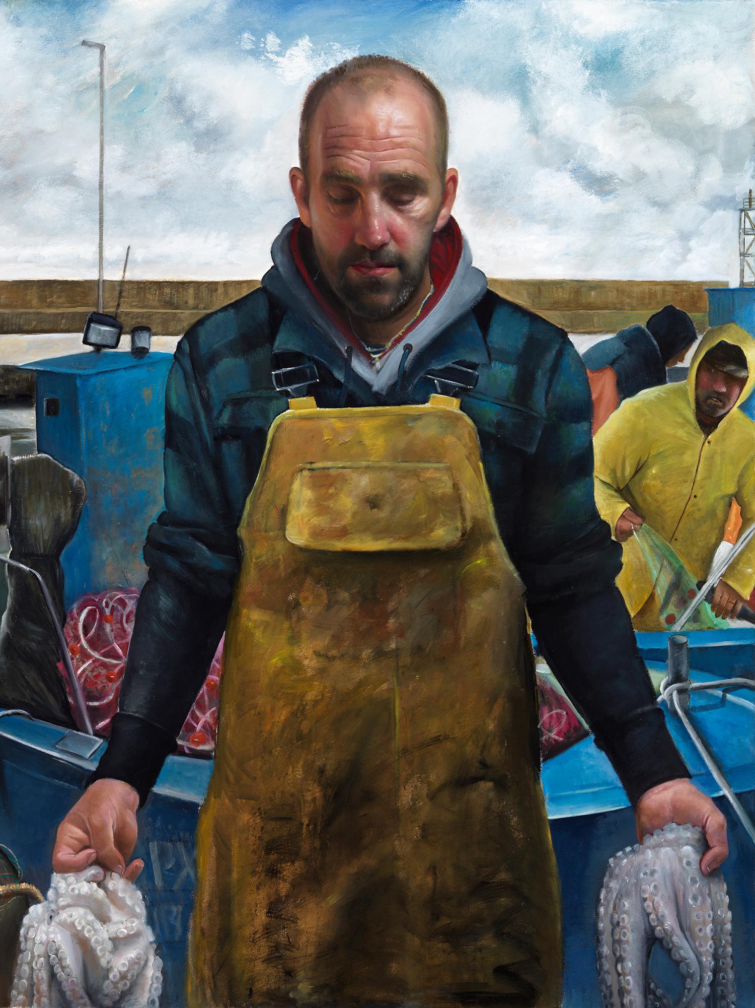 Le pêcheur de Mola di Bari, Puglia, Italie, peinture à l'huile à grande échelle, encadrée - Contemporain Painting par Bruno Surdo