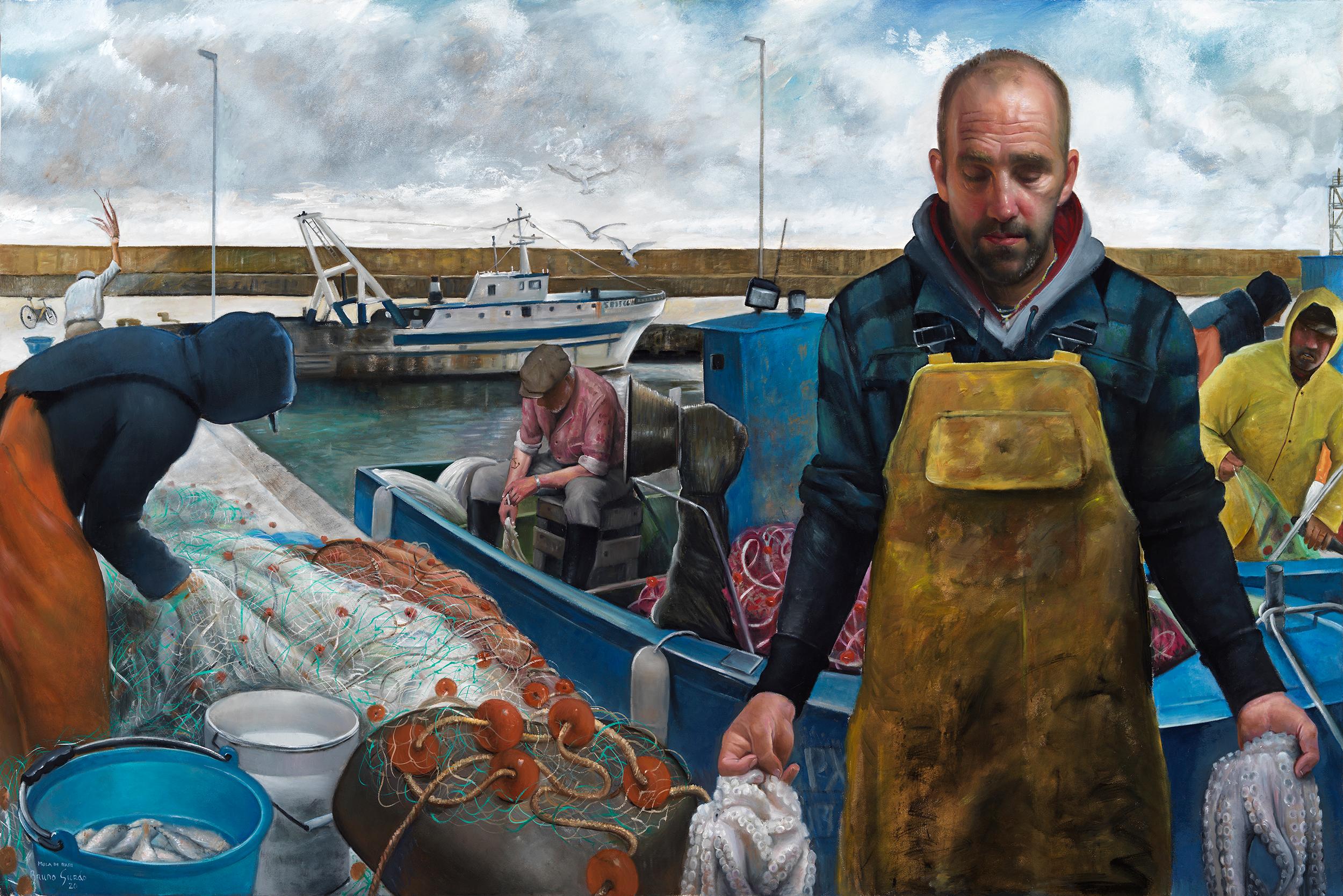 Animal Painting Bruno Surdo - Le pêcheur de Mola di Bari, Puglia, Italie, peinture à l'huile à grande échelle, encadrée