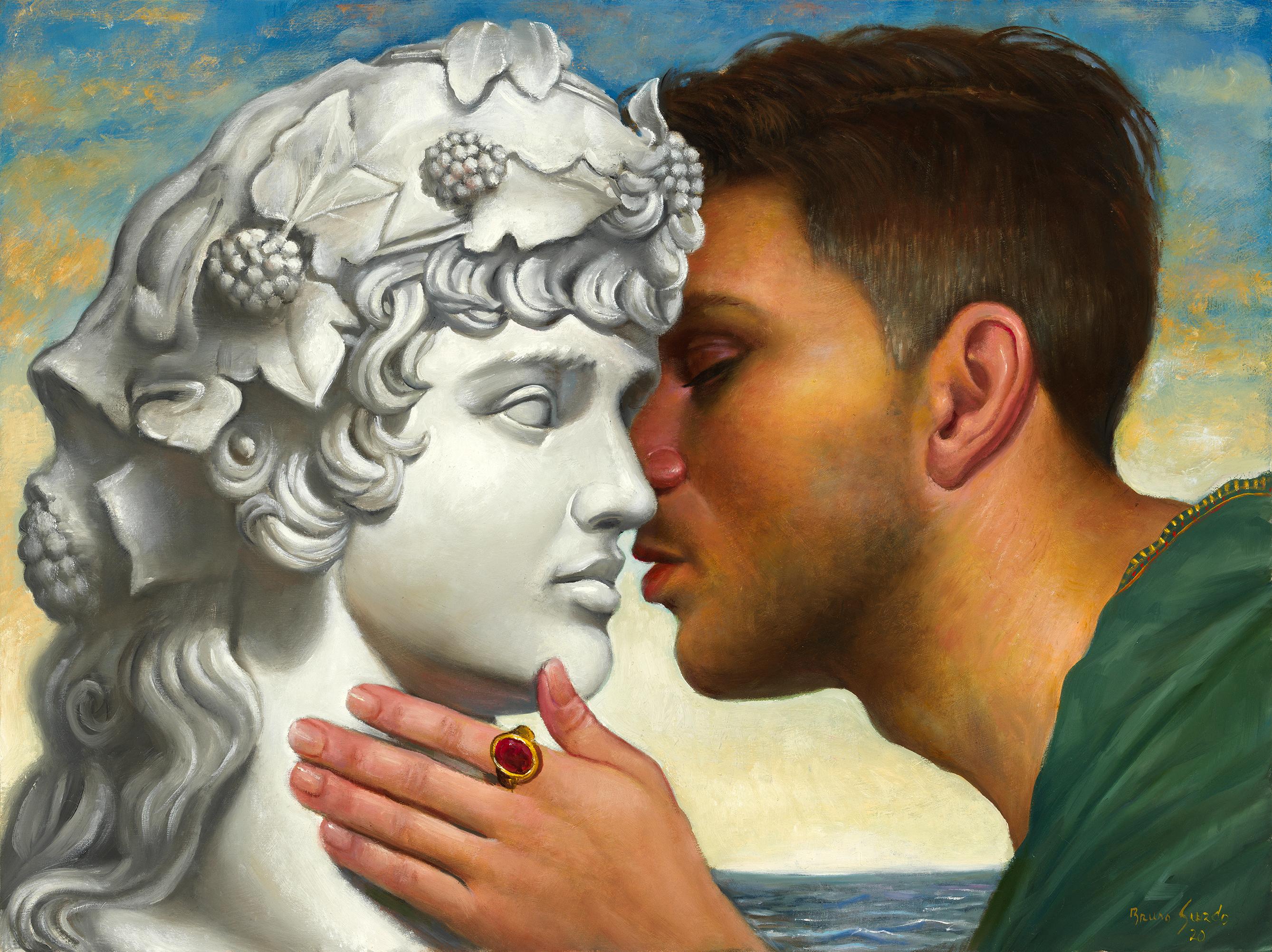 Portrait Painting Bruno Surdo - « The Hidden Love of Hadrian and Antinous:: Male Embracing a Statue »:: huile sur toile:: homme embrassant une statue
