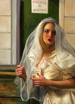 The Lost Bride, Red Cadillac Eldorado, a Bride and a Dog, Urban, Oil on Canvas