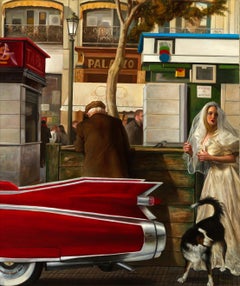 The Lost Bride, Red Cadillac Eldorado, a Bride and a Dog, Urban, Oil on Canvas