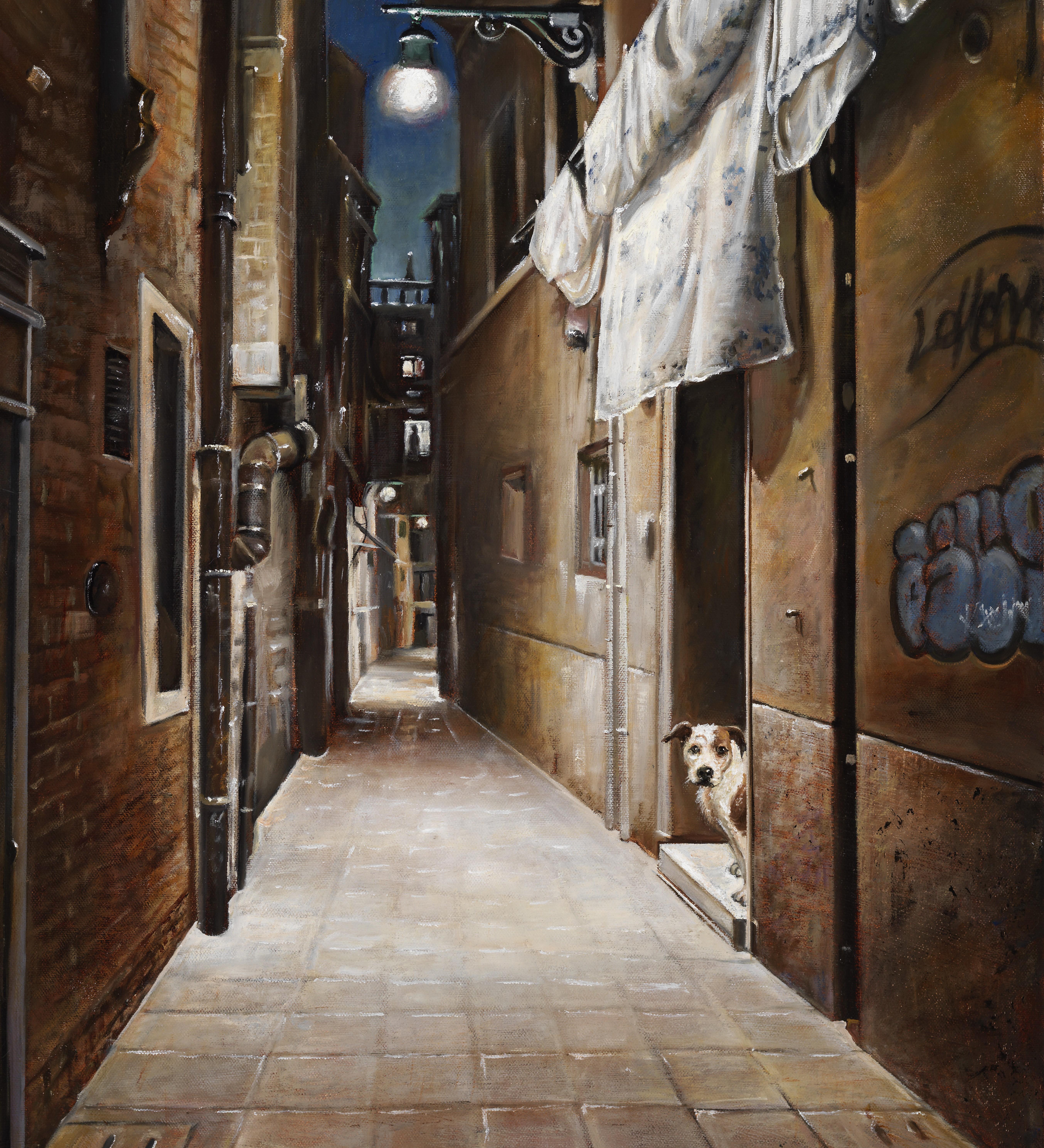 The Lost Dog of Venice - Back Streets, Nighttime Scene Original Oil on Canvas - Painting by Bruno Surdo