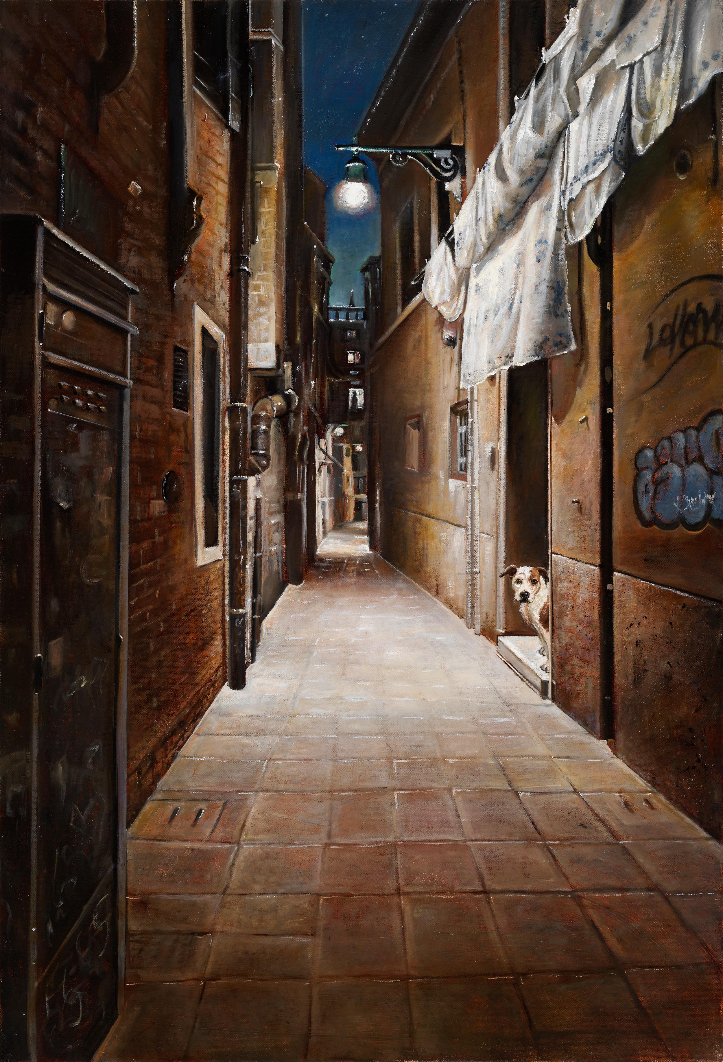 Bruno Surdo Animal Painting - The Lost Dog of Venice - Back Streets, Nighttime Scene Original Oil on Canvas