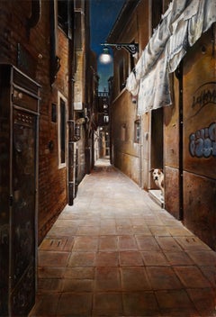 The Lost Dog of Venice - Back Streets, Nighttime Scene Original Oil on Canvas