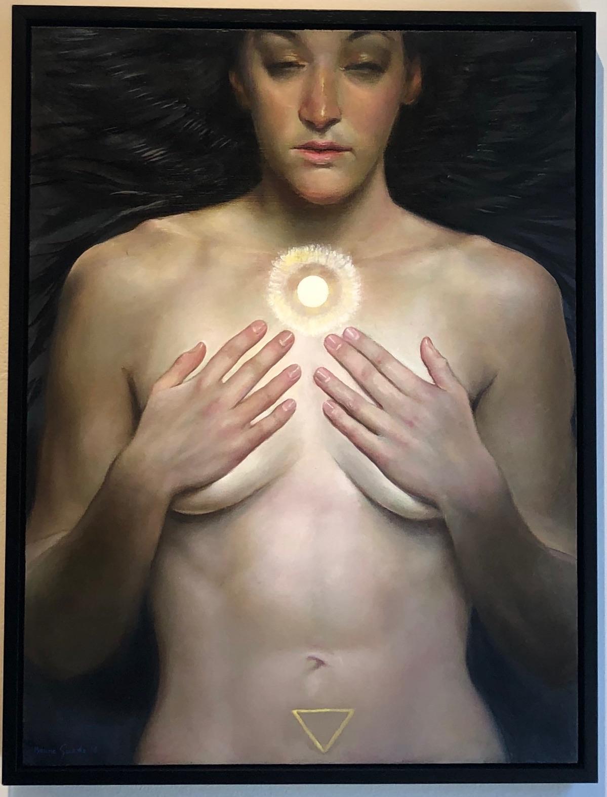The Oracle, Nude Female with Hands Covering Her Breasts, Long Dark Hair - Contemporary Painting by Bruno Surdo